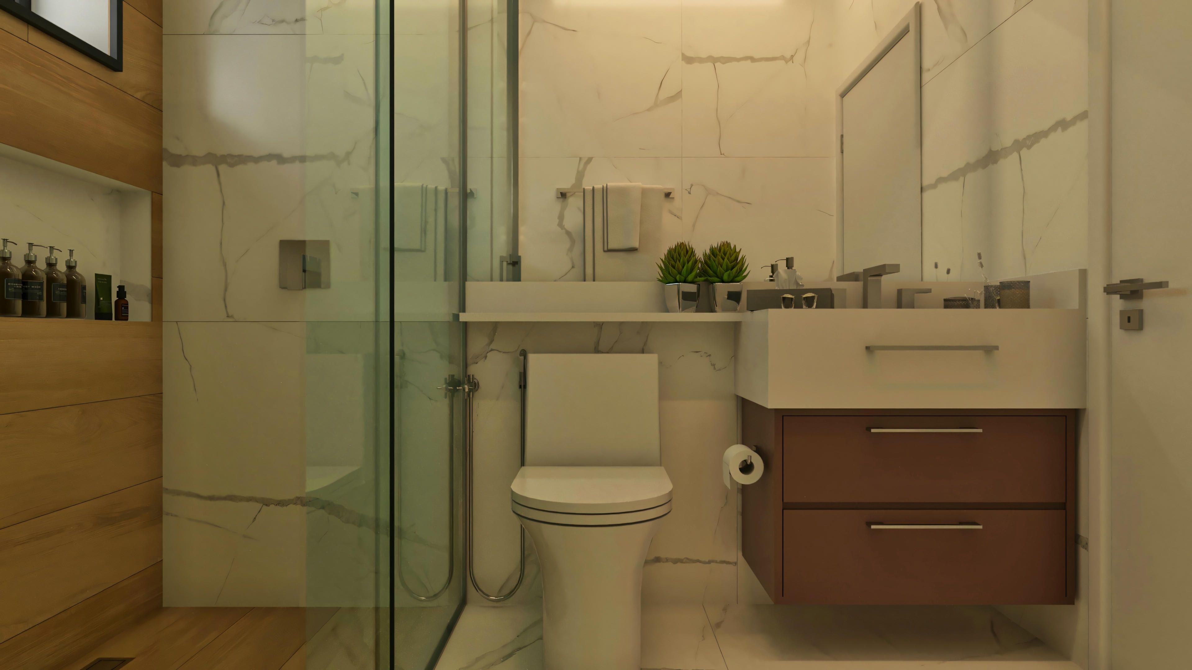 Modern bathroom of one of the 5 suites in the high-standard house, featuring marble-type porcelain tile cladding, glass shower enclosure with wood-style niche, toilet, and suspended vanity with drawers.