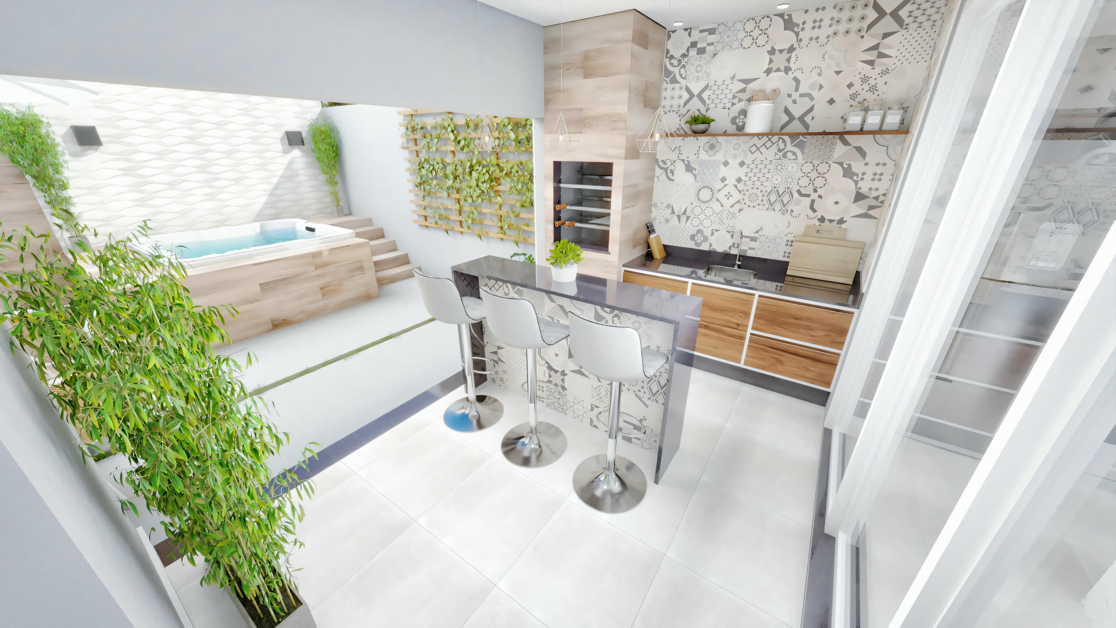 Un área exterior con mesa, sillas y elementos decorativos como cojines y plantas, con paredes blancas texturizadas al fondo, proporcionando un aspecto acogedor y atractivo.