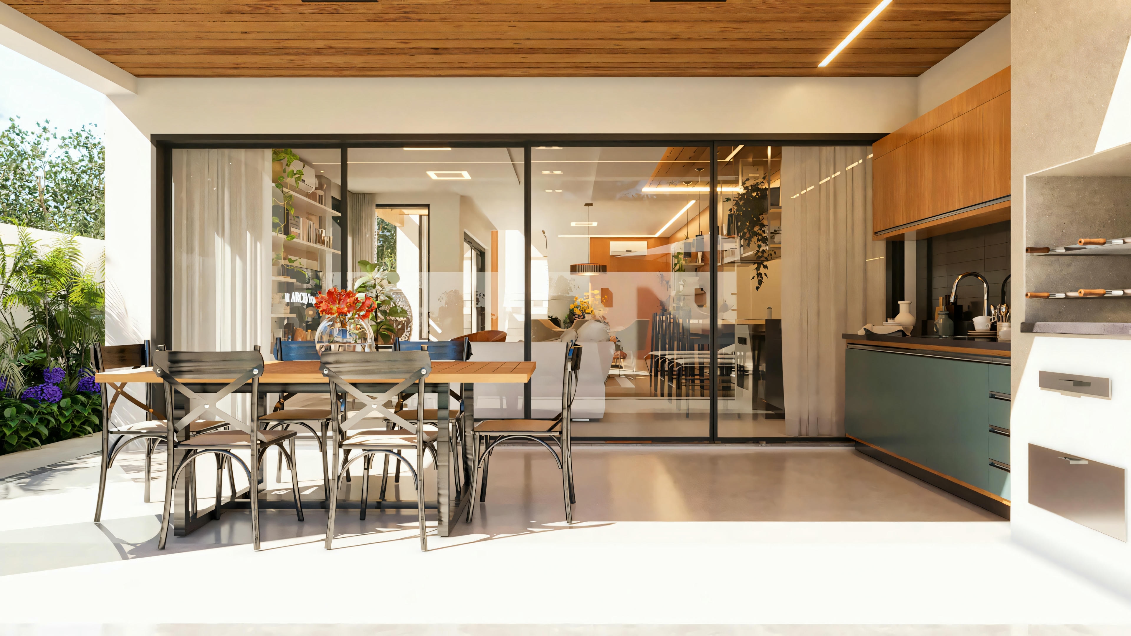 Área gourmet coberta de sobrado estilo industrial, integrada à sala por portas de vidro de correr. Espaço inclui mesa de jantar rústica, churrasqueira e teto de madeira. Projeto de sobrado com área gourmet e piscina.