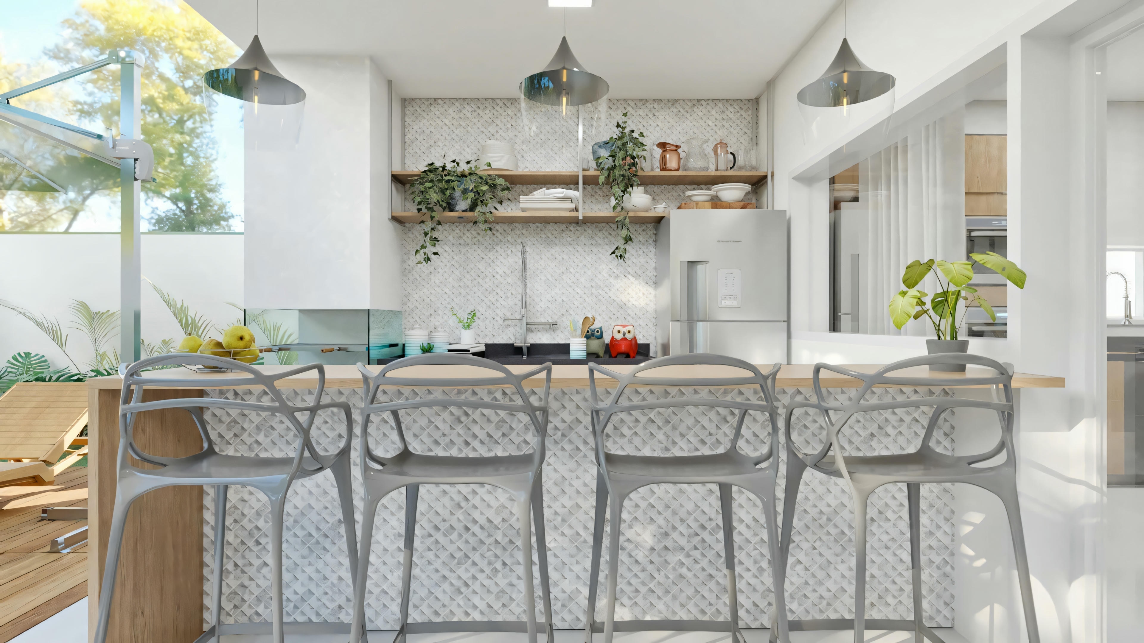 Barra del área gourmet/cocina integrada con taburetes de diseño moderno en el proyecto residencial Archshop. Cocina planificada al fondo con estantes abiertos, revestimiento 3D y acceso al área externa con deck y piscina. Parte de la planta de casa con 3 dormitorios y área gourmet.
