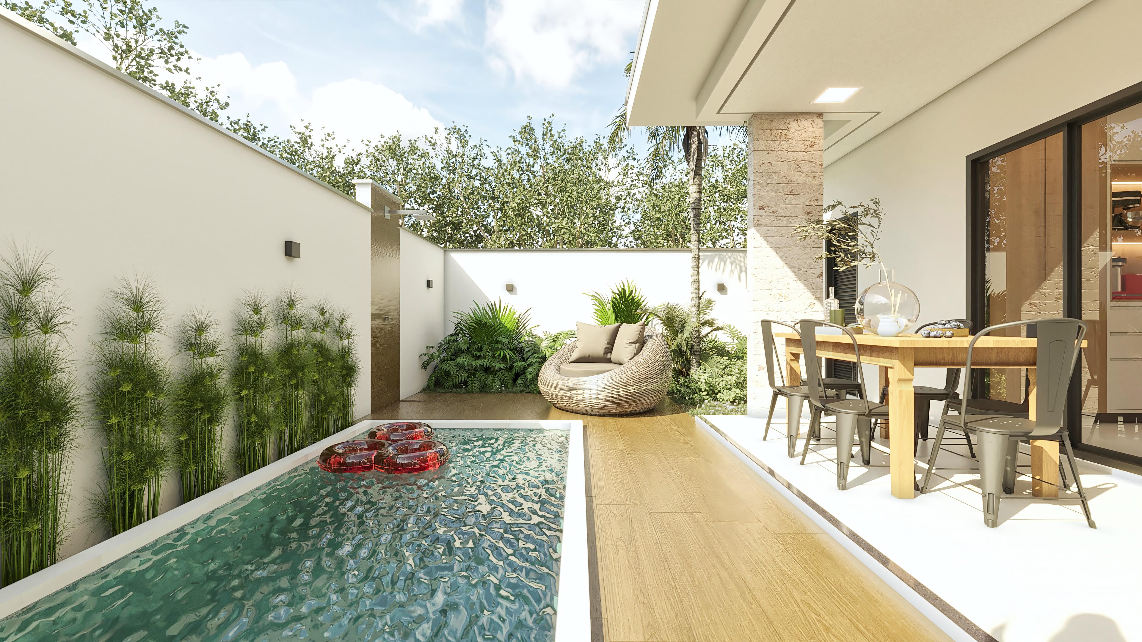 Visión externa de casa de dos pisos moderna con piscina refrescante, área gourmet equipada y paisajismo exuberante, ideal para terrenos compactos.