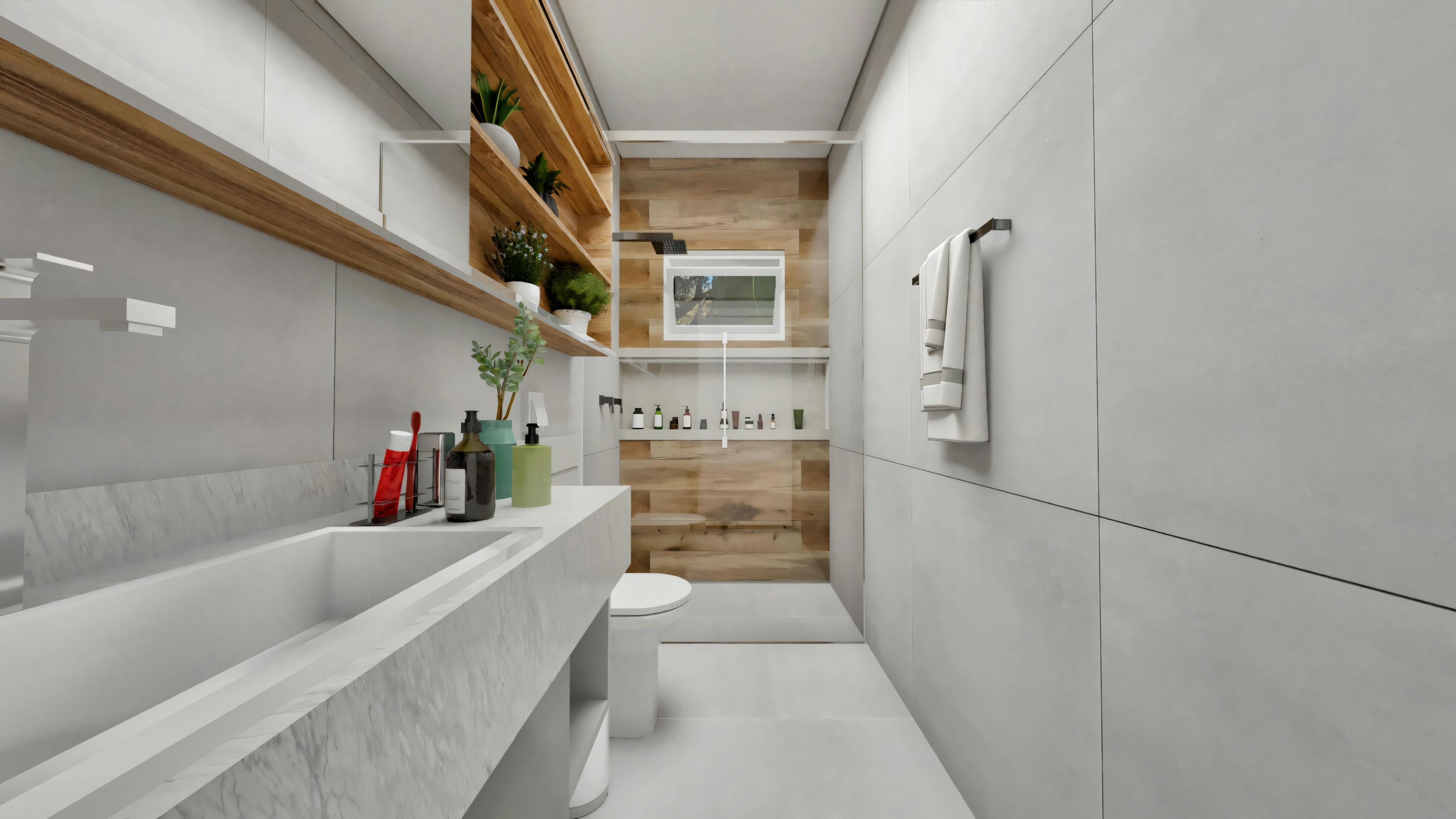 Vista en perspectiva del pasillo del cuarto de baño moderno, mostrando encimera con lavabo tallado a la izquierda, hornacinas de madera, inodoro suspendido, y mampara de ducha de cristal al fondo con pared de gres porcelánico amaderado, ventana y hornacina para champú.