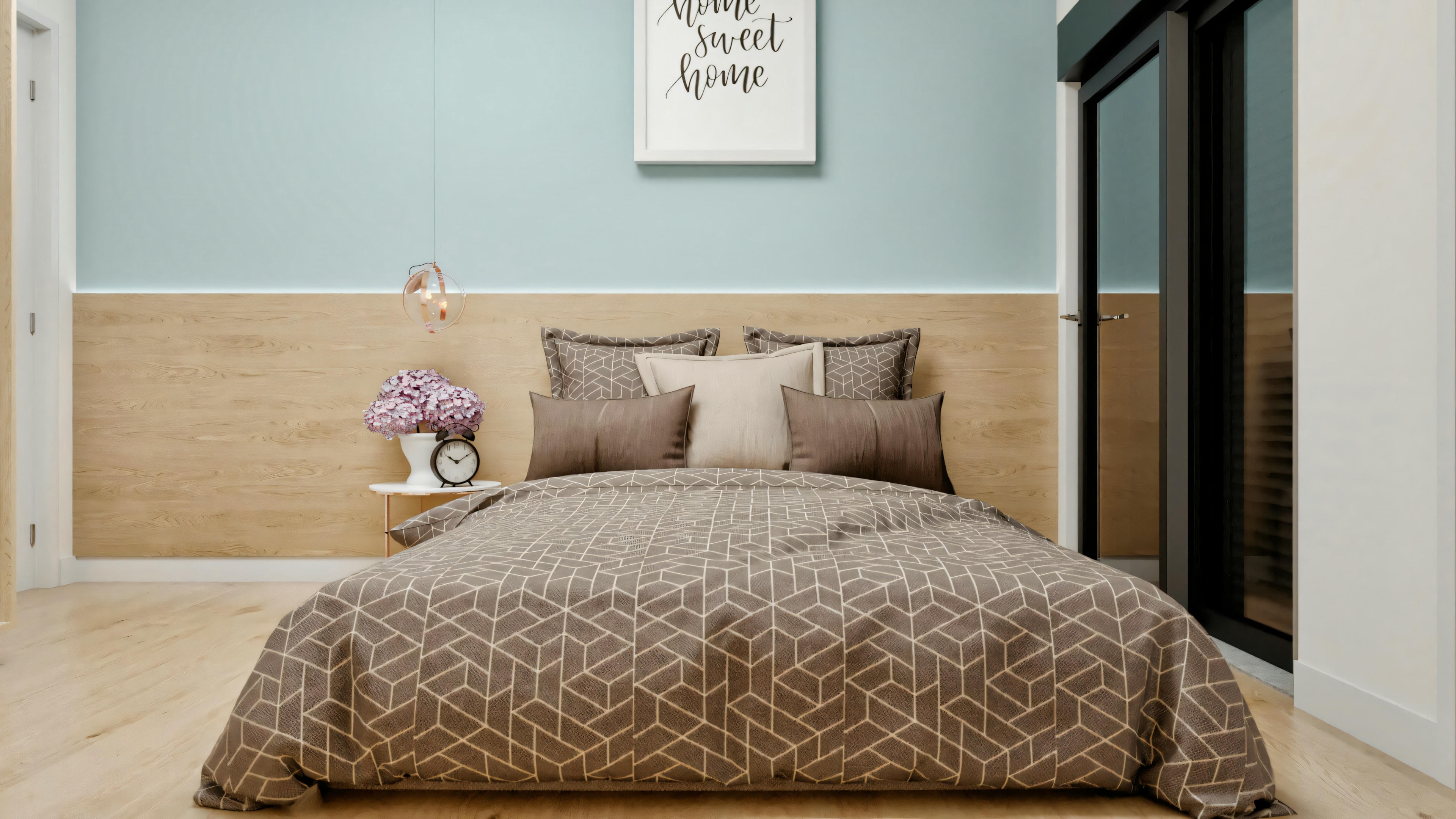 Cuarto de una de las 5 suites del proyecto listo, con cama de matrimonio, cabecera en panel de madera clara, pared de destaque azul, lámpara colgante moderna, mesa lateral y piso laminado/madera.