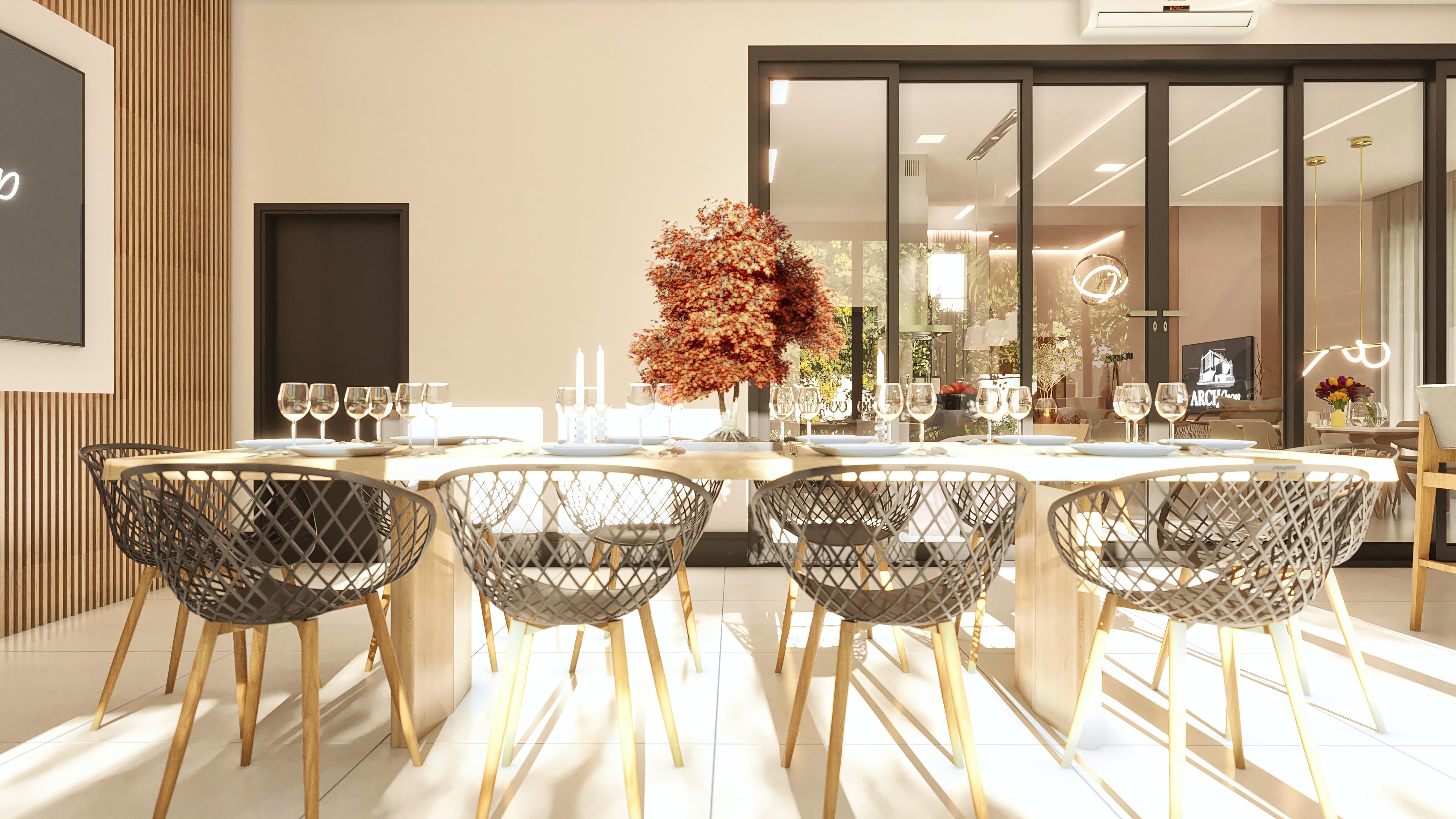 Internal view of the dining room with a set table, modern chairs in metal and wood, slatted panel, and large glass doors integrating the room with the outdoor area.