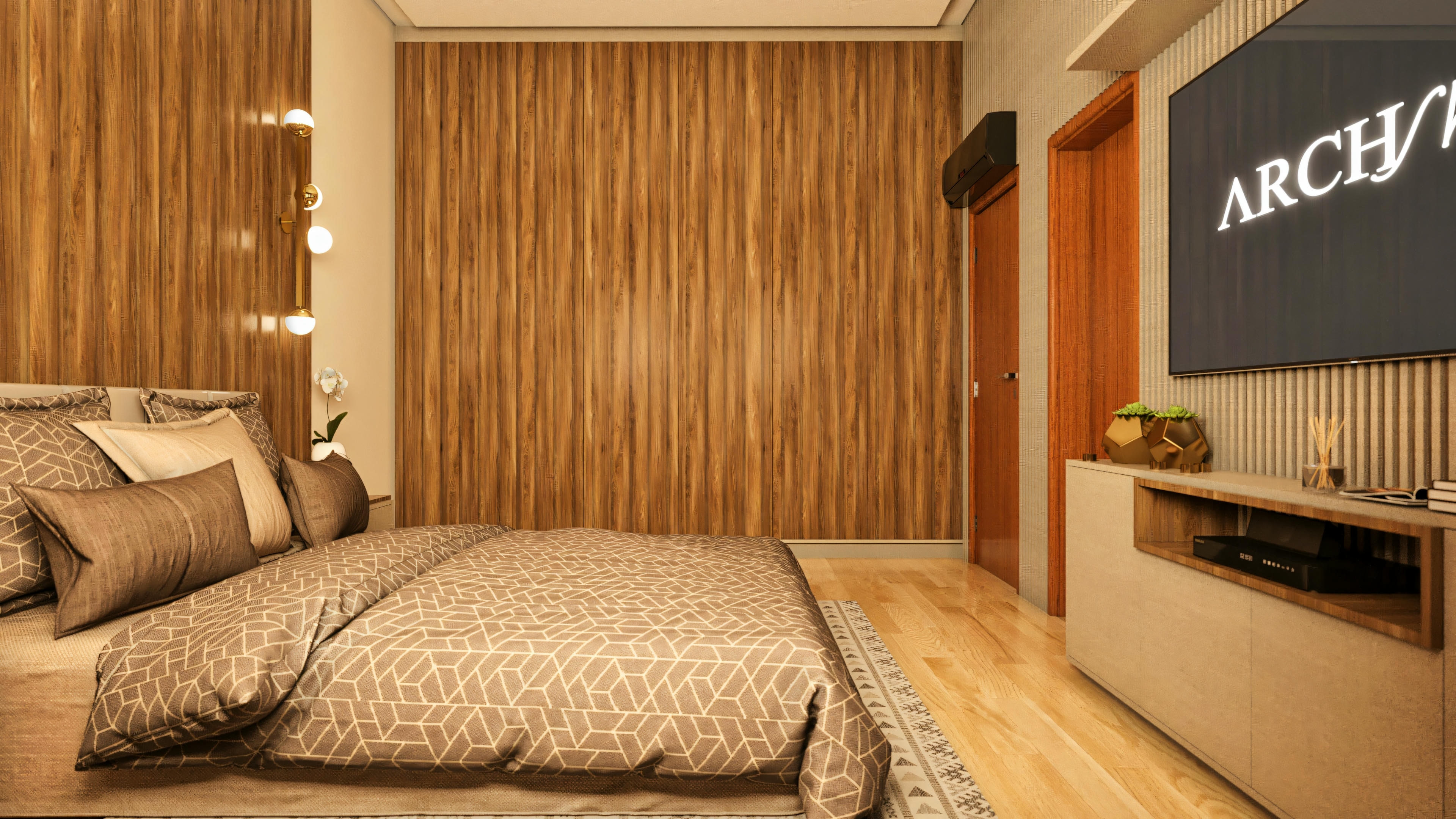 Dormitorio de suite en casa de lujo con paredes revestidas en panel de madera, cama de matrimonio, iluminación lateral y panel de TV con mueble bajo moderno.