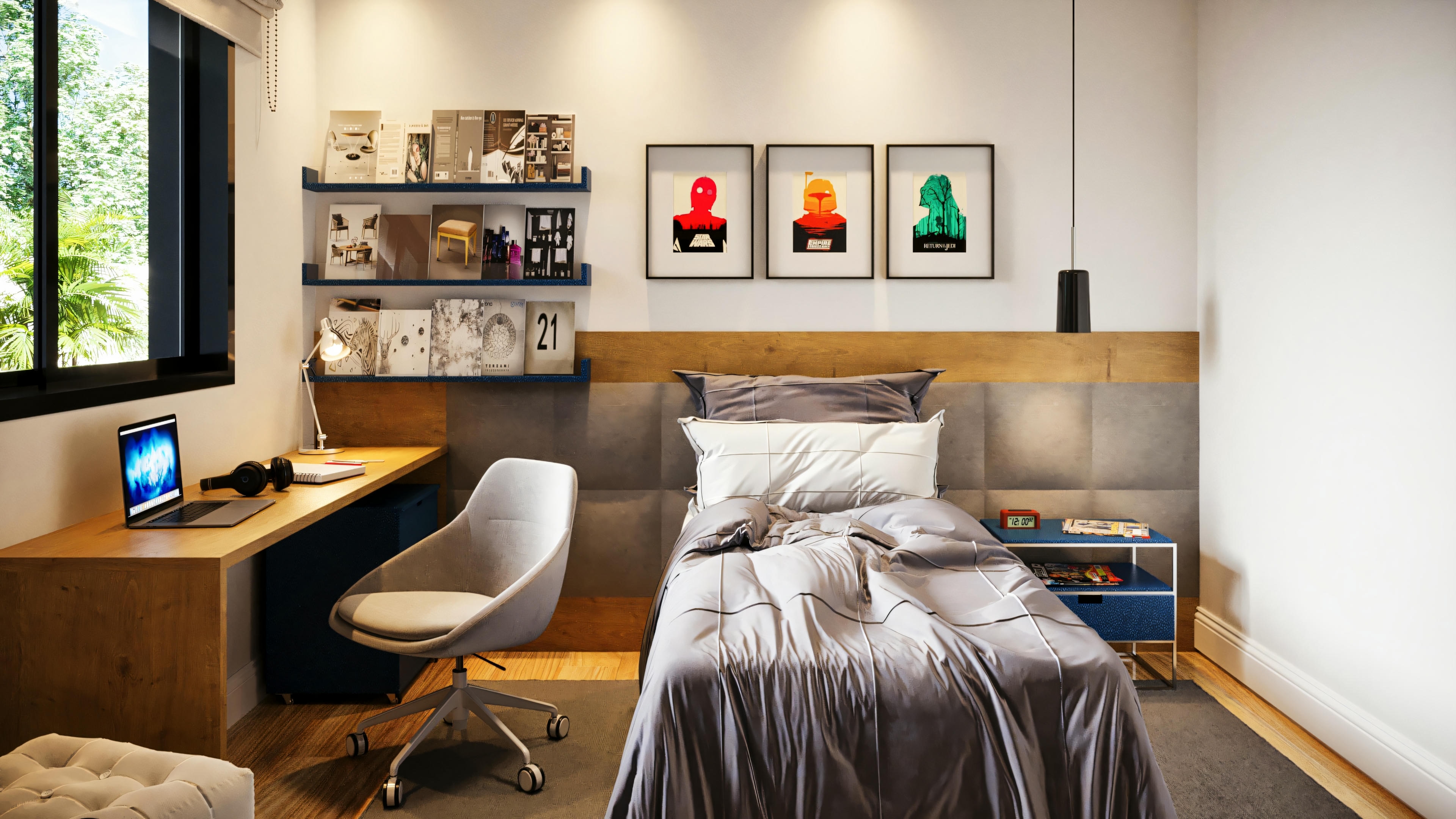 Amplia suite de casa de planta baja con 3 suites, amueblada con cama, escritorio, estanterías y decoración moderna, ideal para una casa con piscina y zona gourmet.