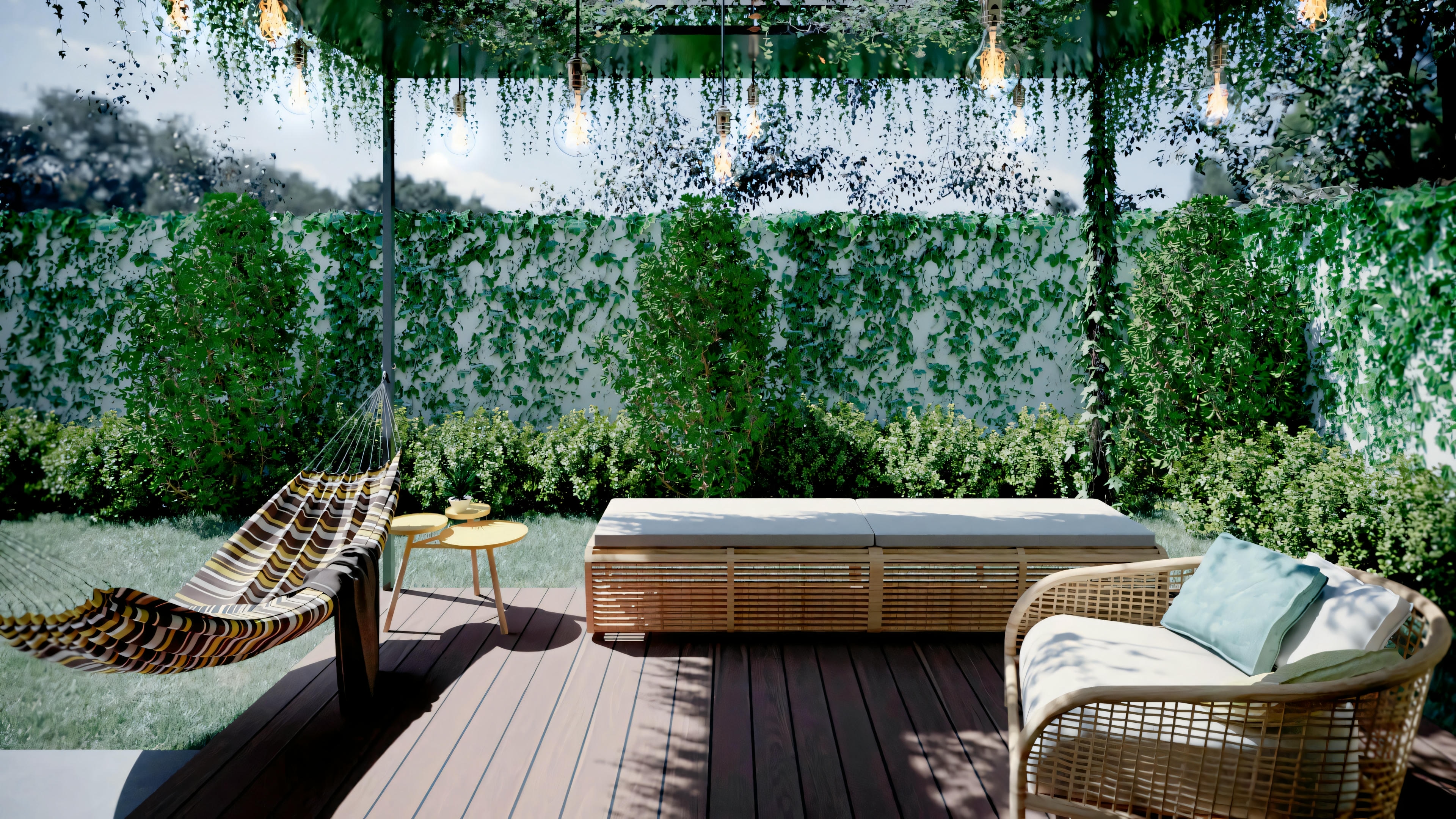 Interior setting with contemporary furniture, large windows allowing plenty of natural light, and green walls bringing nature indoors.