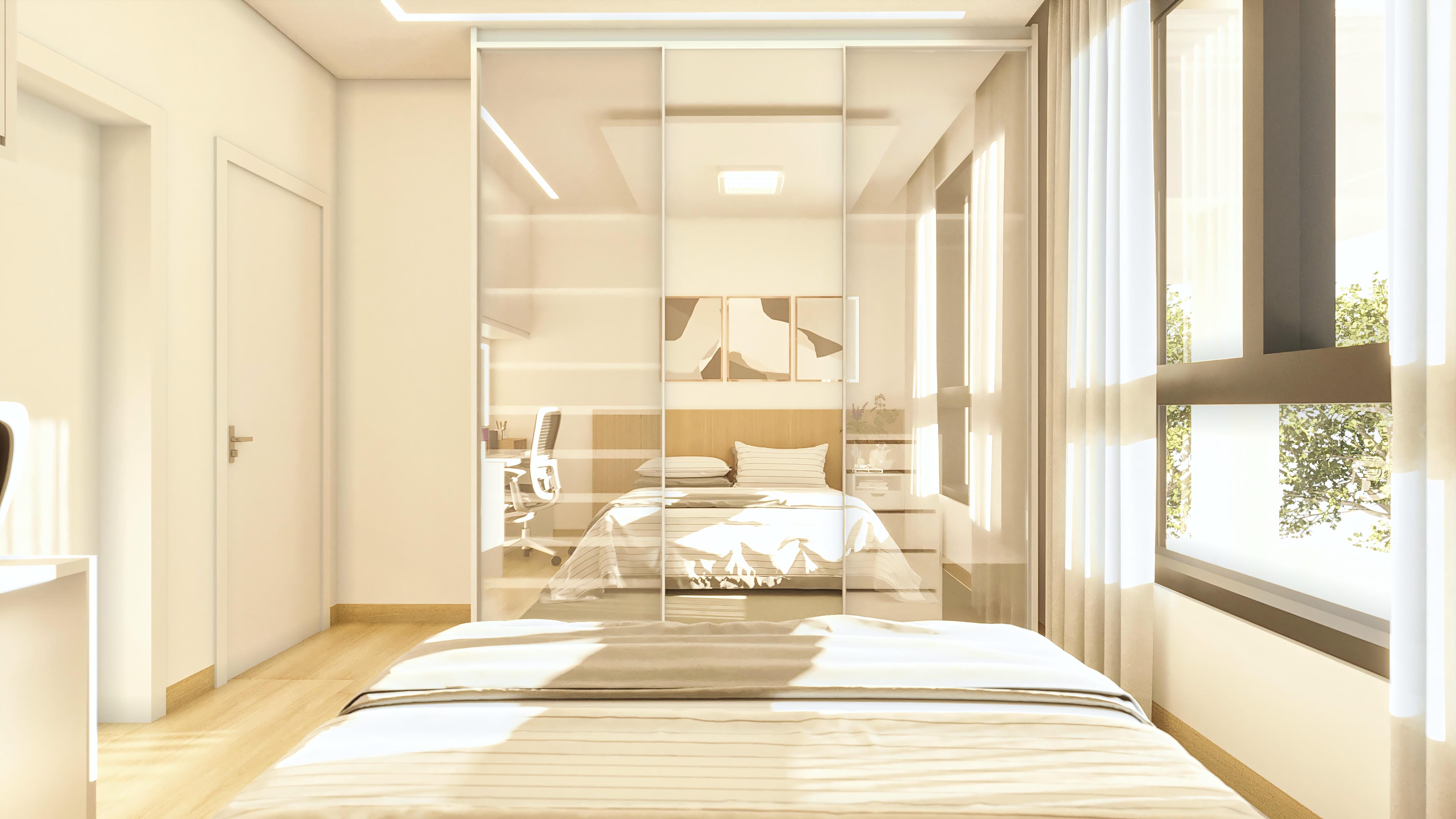 Visão interna de um quarto com cama, armário espelhado, mesa de estudos e amplas janelas com cortinas. O design combina linhas clássicas e contemporâneas, com iluminação em LED.