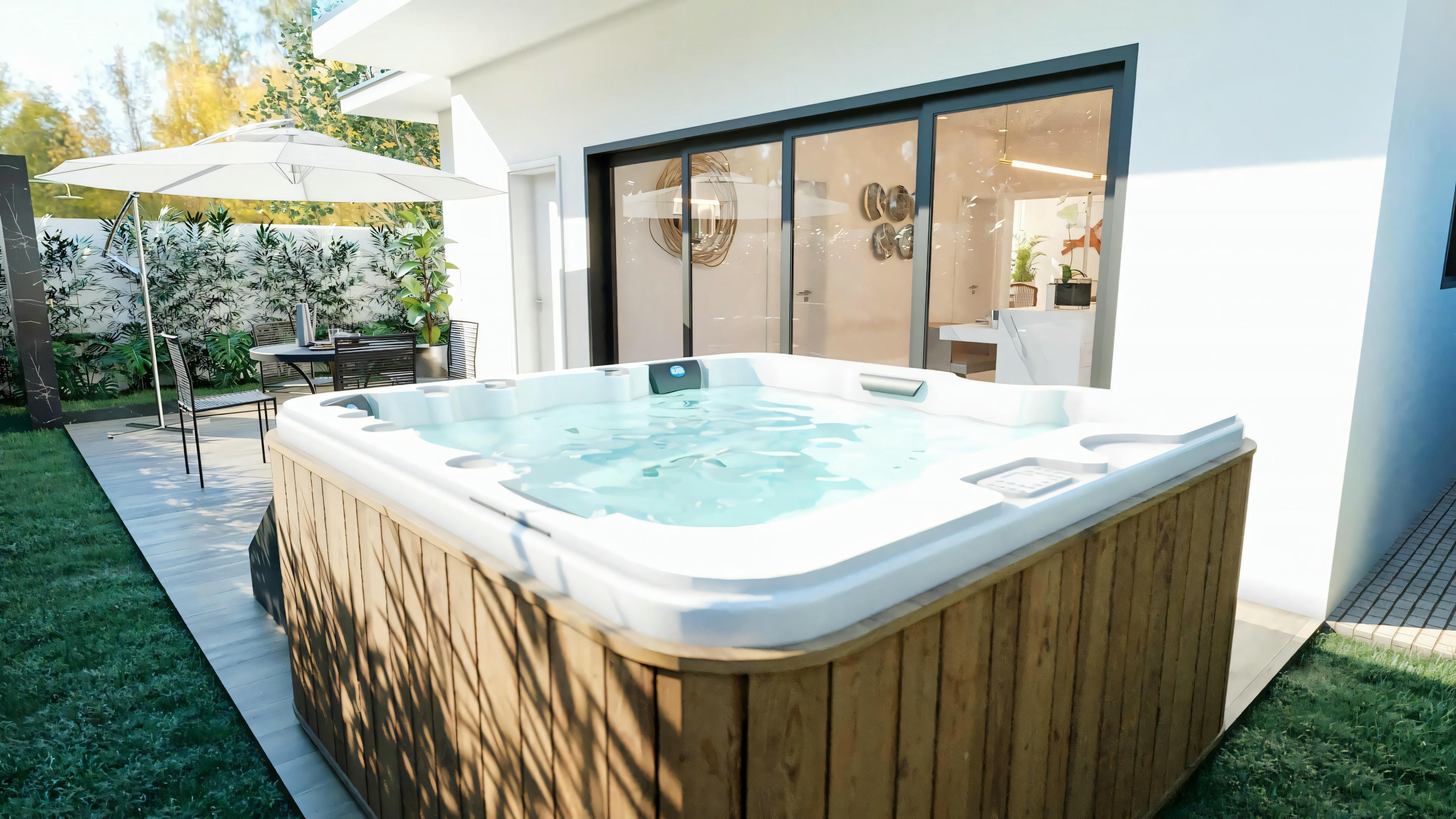 Jacuzzi con agua y revestimiento en madera posicionada en el área externa de una casa de lujo con 4 suites, al lado de área ajardinada y deck con mobiliario al fondo, próxima a las puertas de vidrio de la residencia.