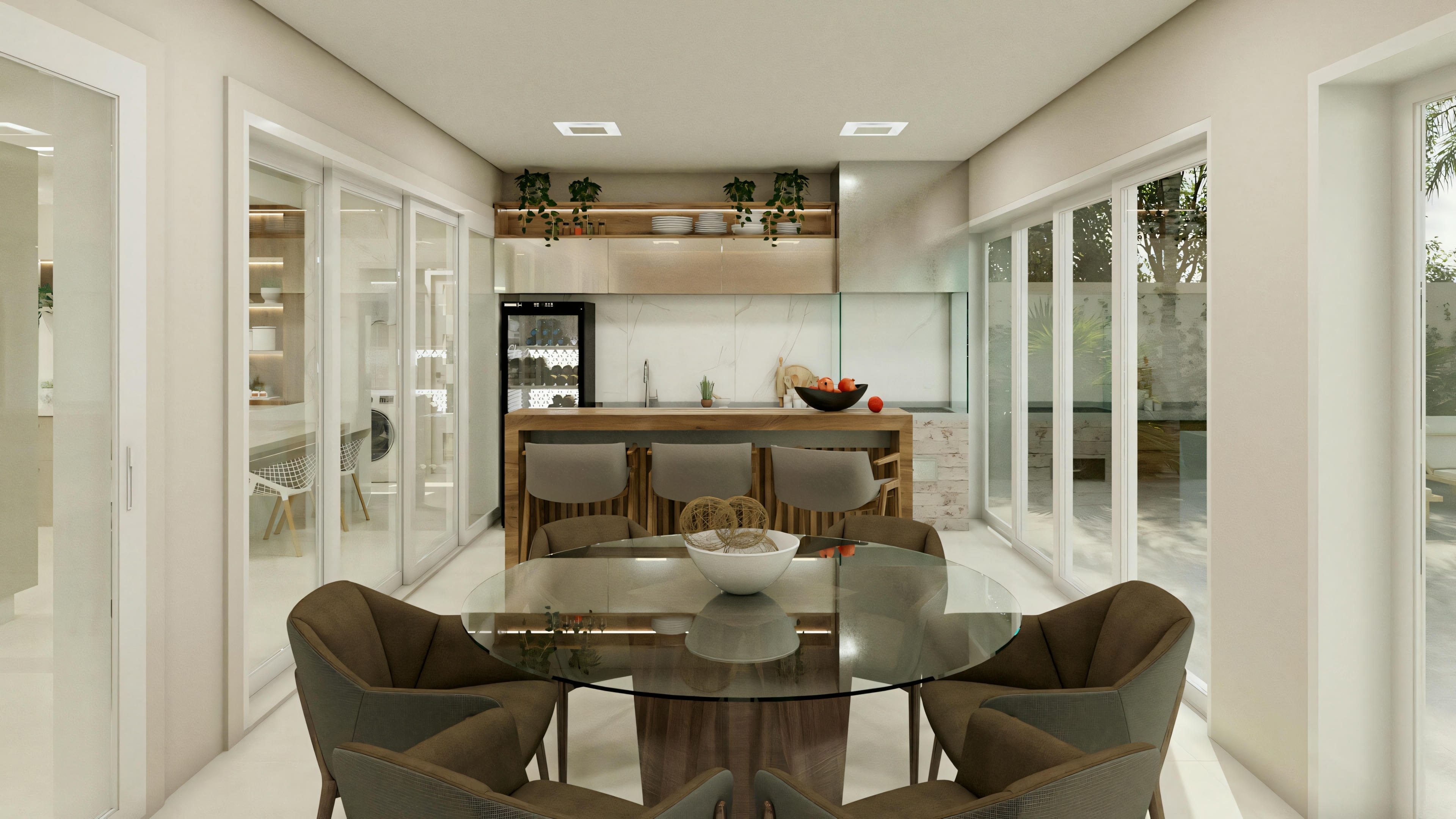 A dining area with a table, chairs, and a view of an adjacent room.