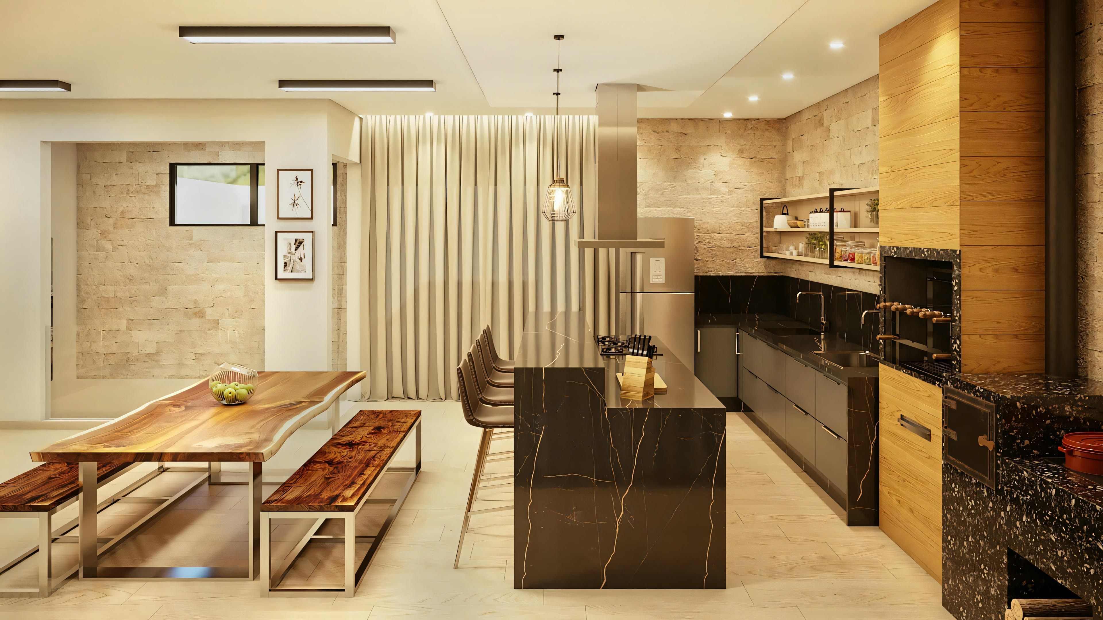 A modern kitchen com a dining area, table e chairs, light wood cabinets, e pendant lighting.