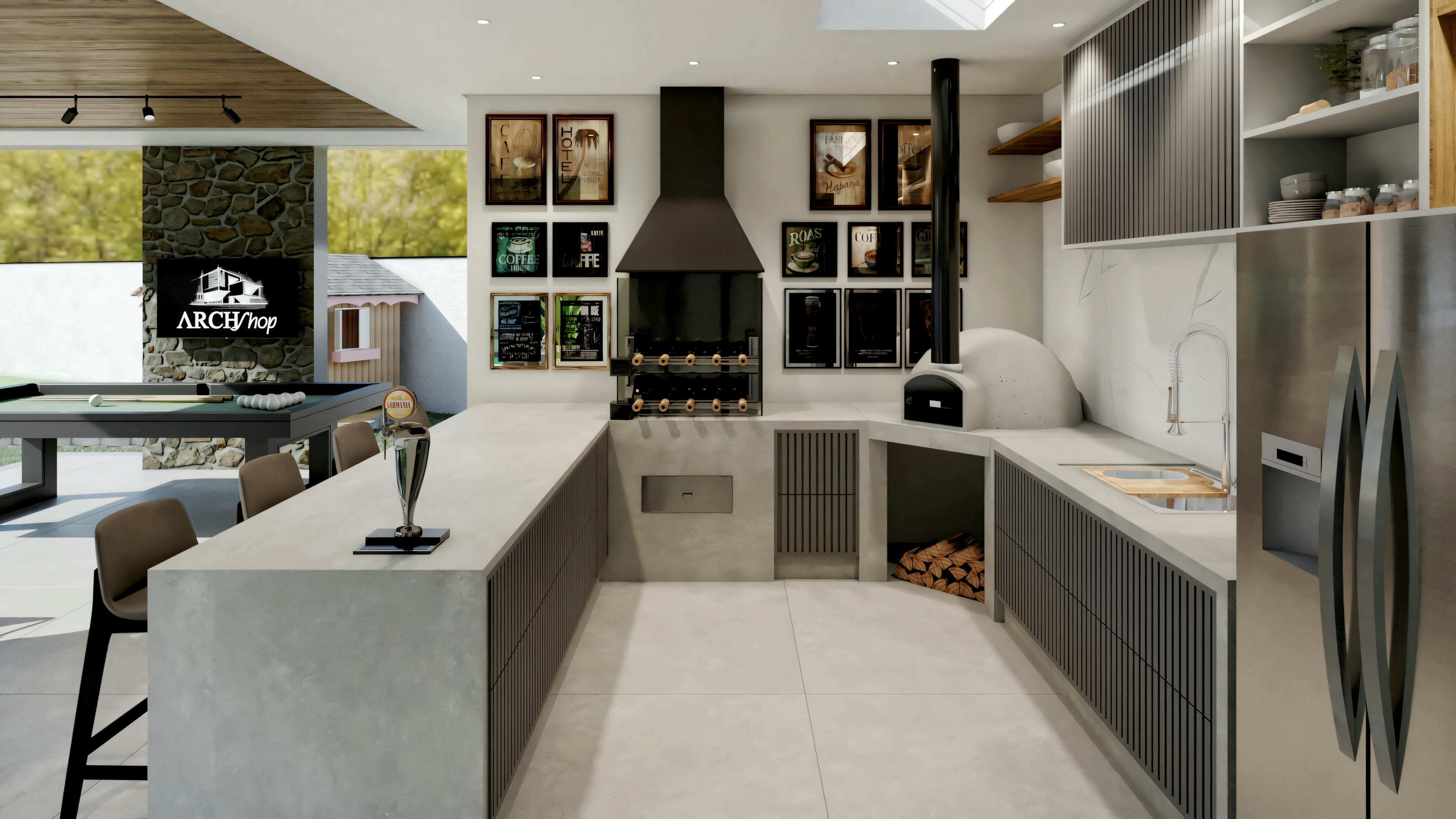 A modern kitchen with light-colored cabinets, a center island with a sink and high chairs, and stainless steel appliances.