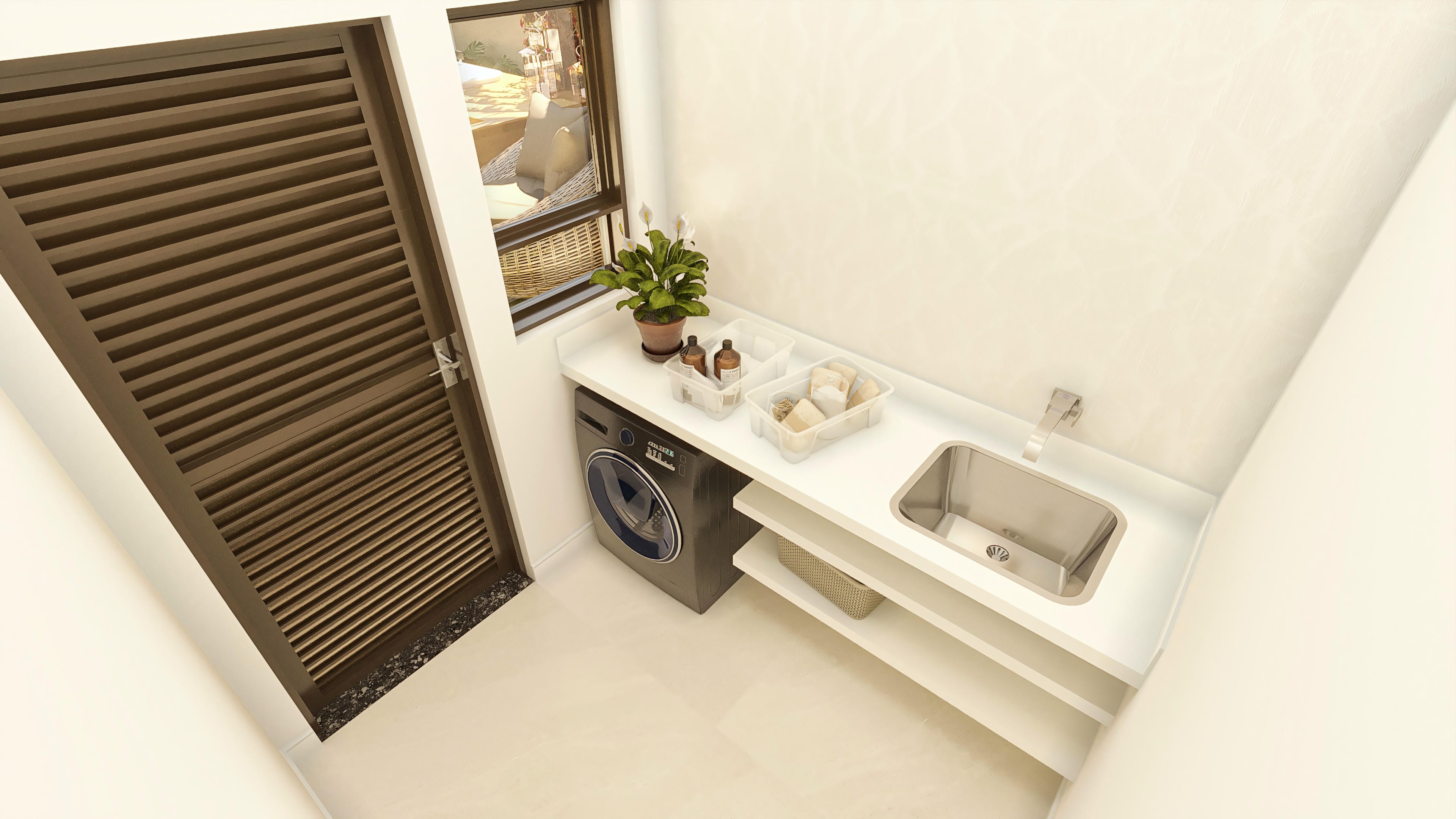 Detail of a modern laundry room with a sliding door in dark wood brise and a window overlooking the outdoor area with furniture.