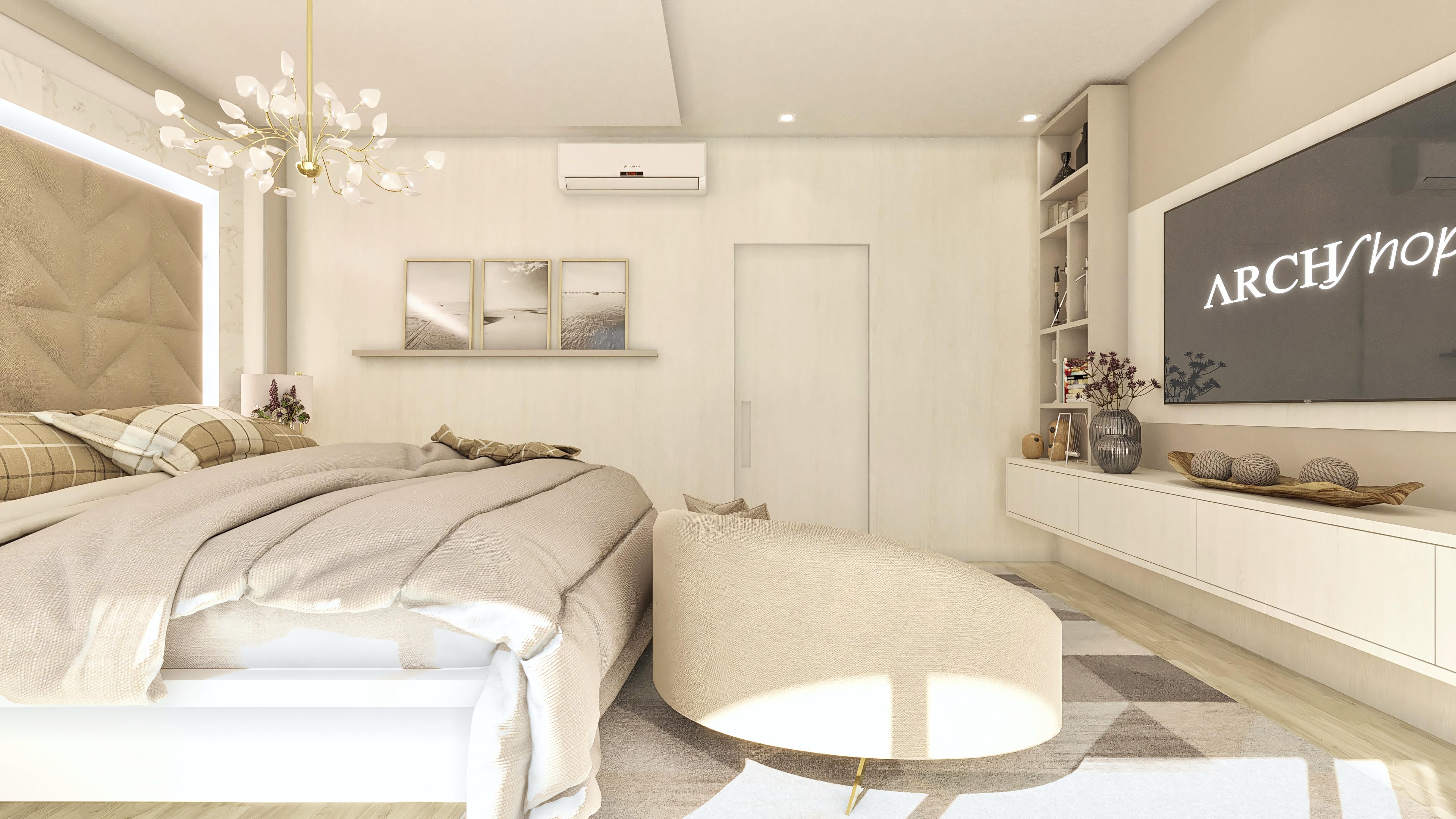 Interior of a modern two-story house suite, with king-size bed, textured headboard, built-in lighting, air conditioning, and large-screen TV.