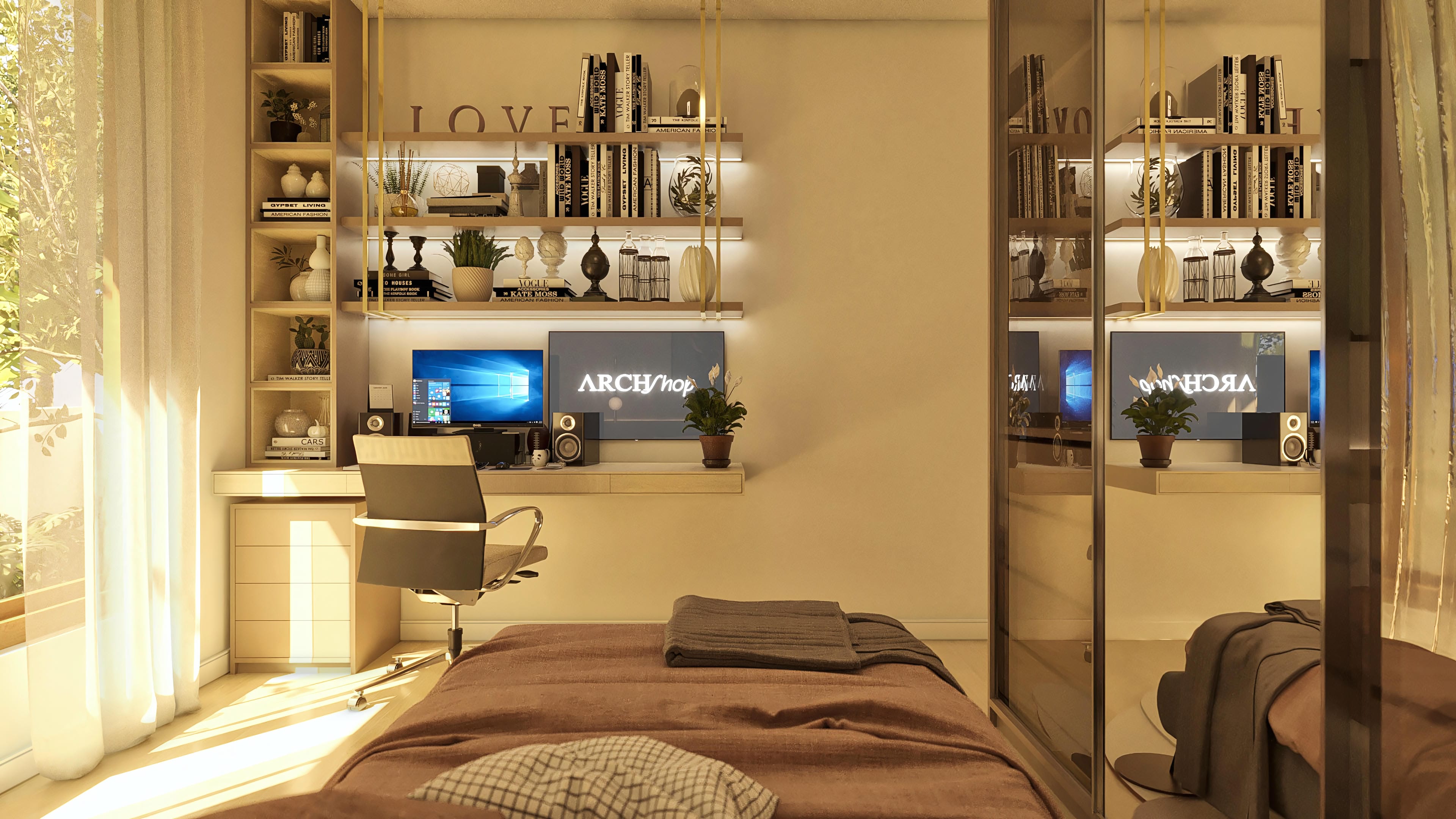 An office with a modern desk, executive chair, and illuminated shelves, integrated into a bedroom with a bed and mirrors.