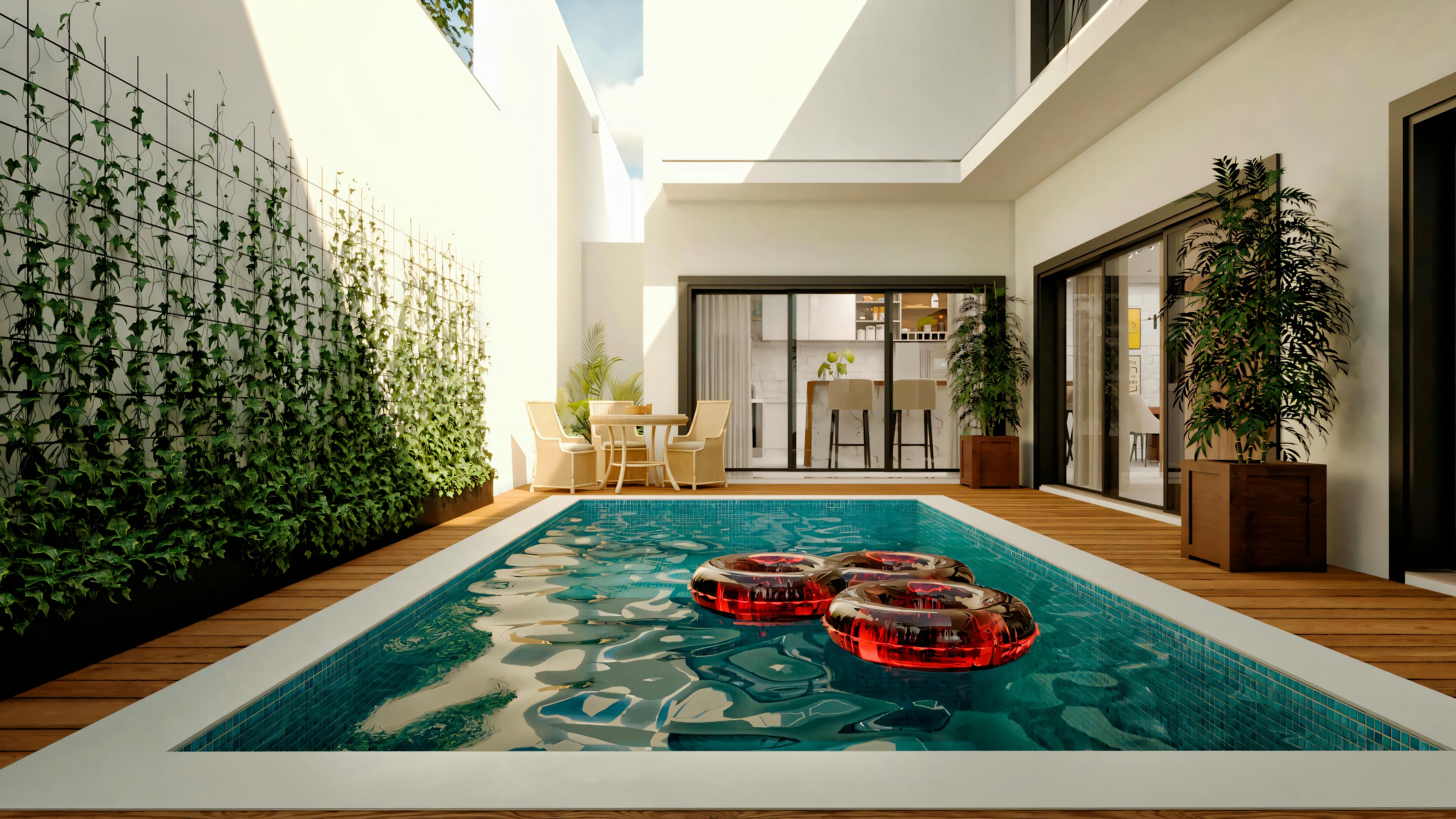 Una piscina interior con agua azul clara y dos dispositivos de flotación rojos en la superficie. Alrededor de la piscina, hay un área de estar con sillas y plantas, sugiriendo un ambiente de ocio o residencial.