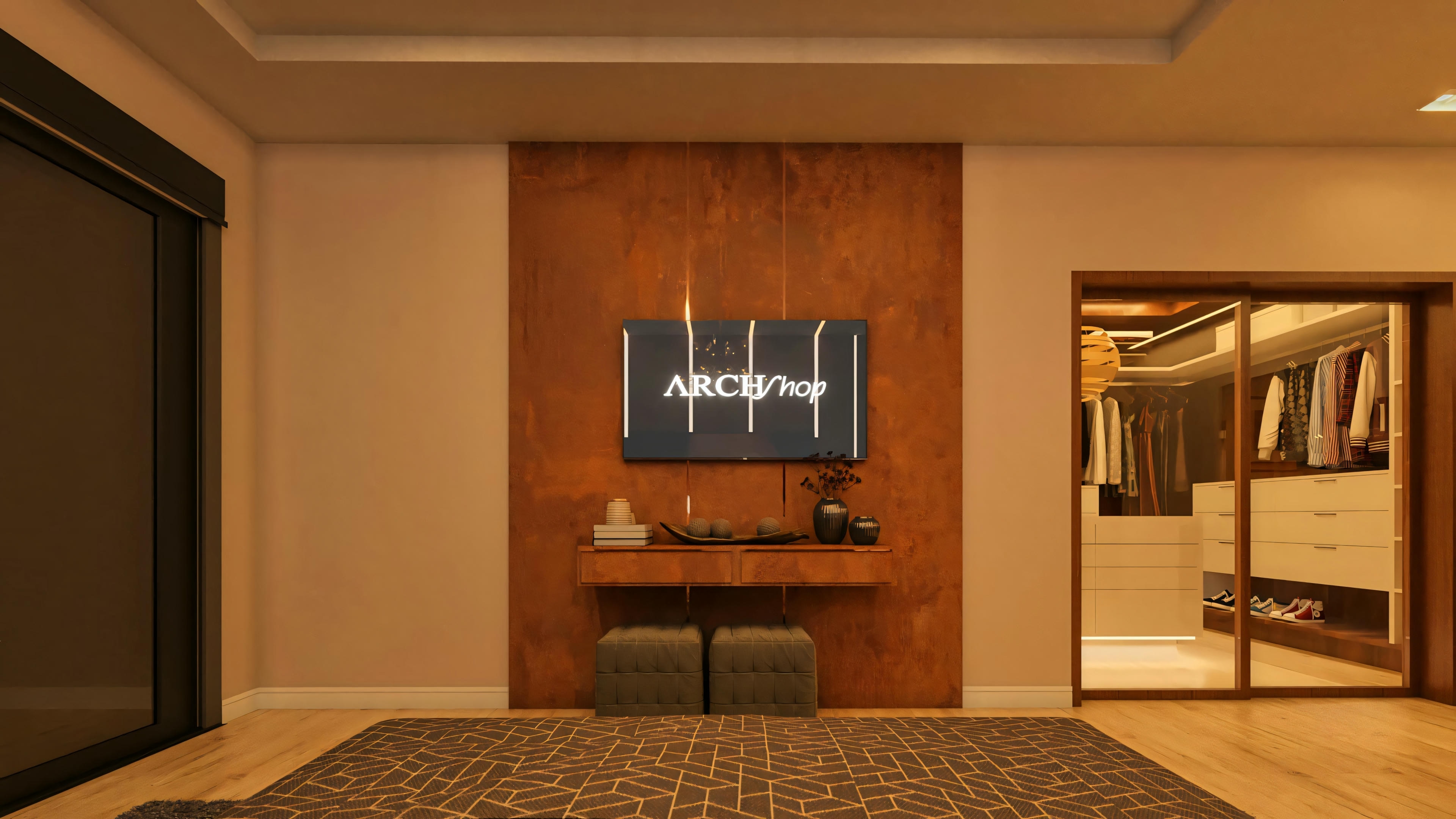 Suite principal en proyecto de casa moderna, vista frontal del panel de TV amaderado con mesada y pufs. A la derecha, vestidor integrado con puerta corrediza espejada revelando organización interna. Ventana amplia a la izquierda. Una de las 4 suites de la casa de 555.9m² con piscina y área gourmet.