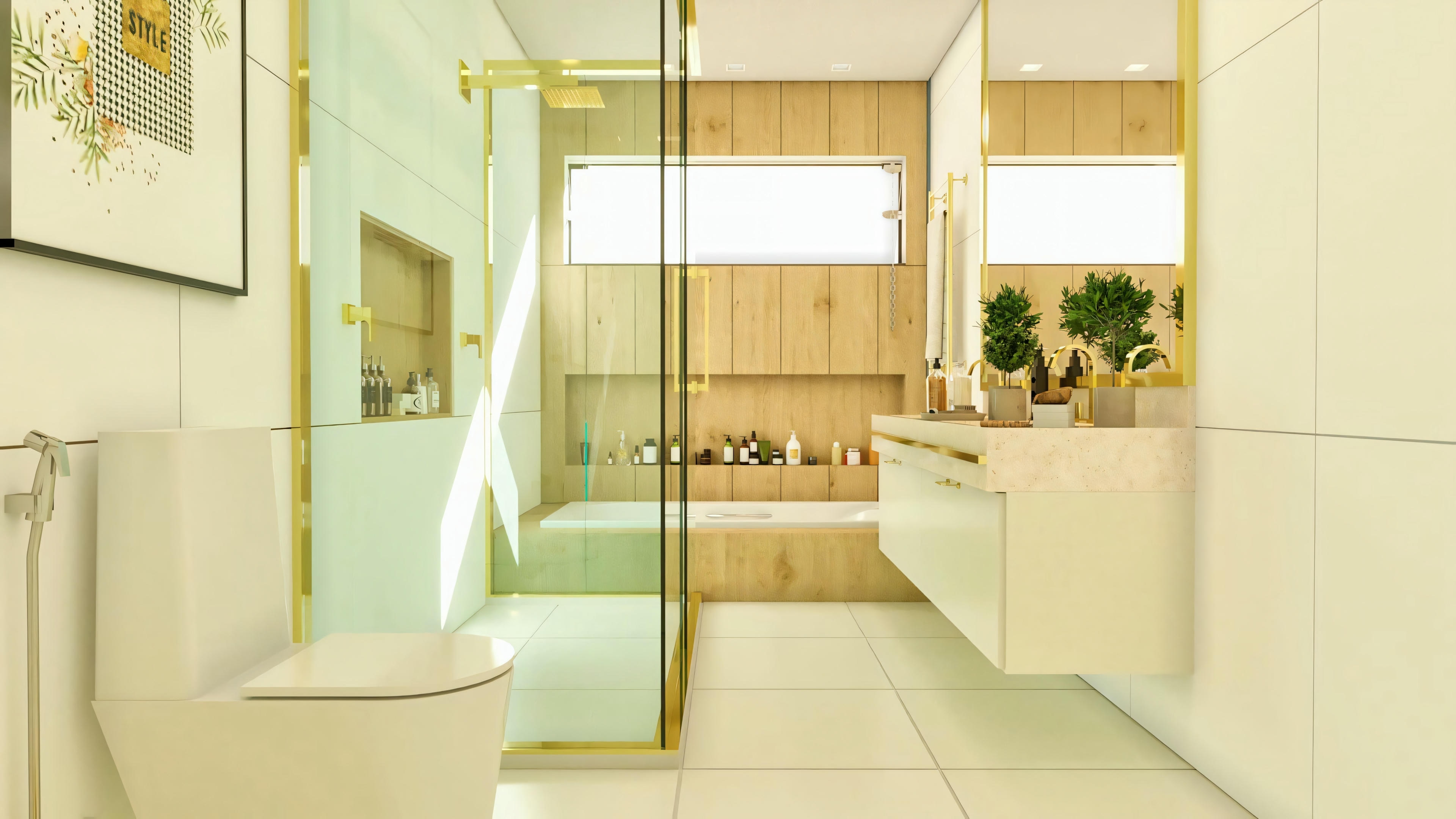 Suite principal en proyecto de casa moderna, vista frontal del panel de TV amaderado con encimera y pufs. A la derecha, vestidor integrado con puerta corrediza espejada revelando organización interna. Ventana amplia a la izquierda. Una de las 4 suites de la casa de 555.9m² con piscina y área gourmet.