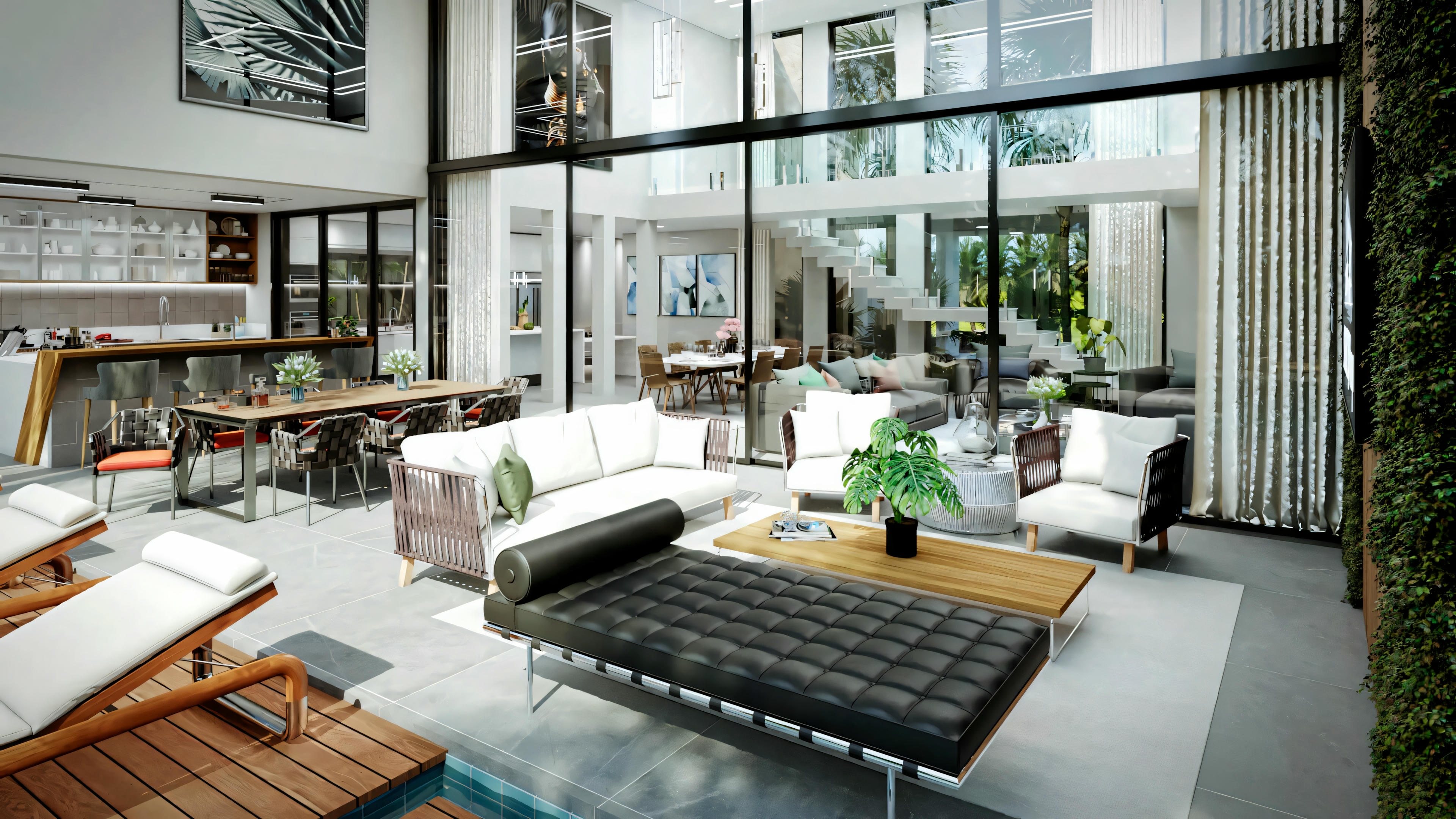 Suite principal en proyecto de casa moderna, vista frontal del panel de TV amaderado con encimera y pufs. A la derecha, vestidor integrado con puerta corredera de espejo revelando organización interna. Ventana amplia a la izquierda. Una de las 4 suites de la casa de 555.9m² con piscina y área gourmet.