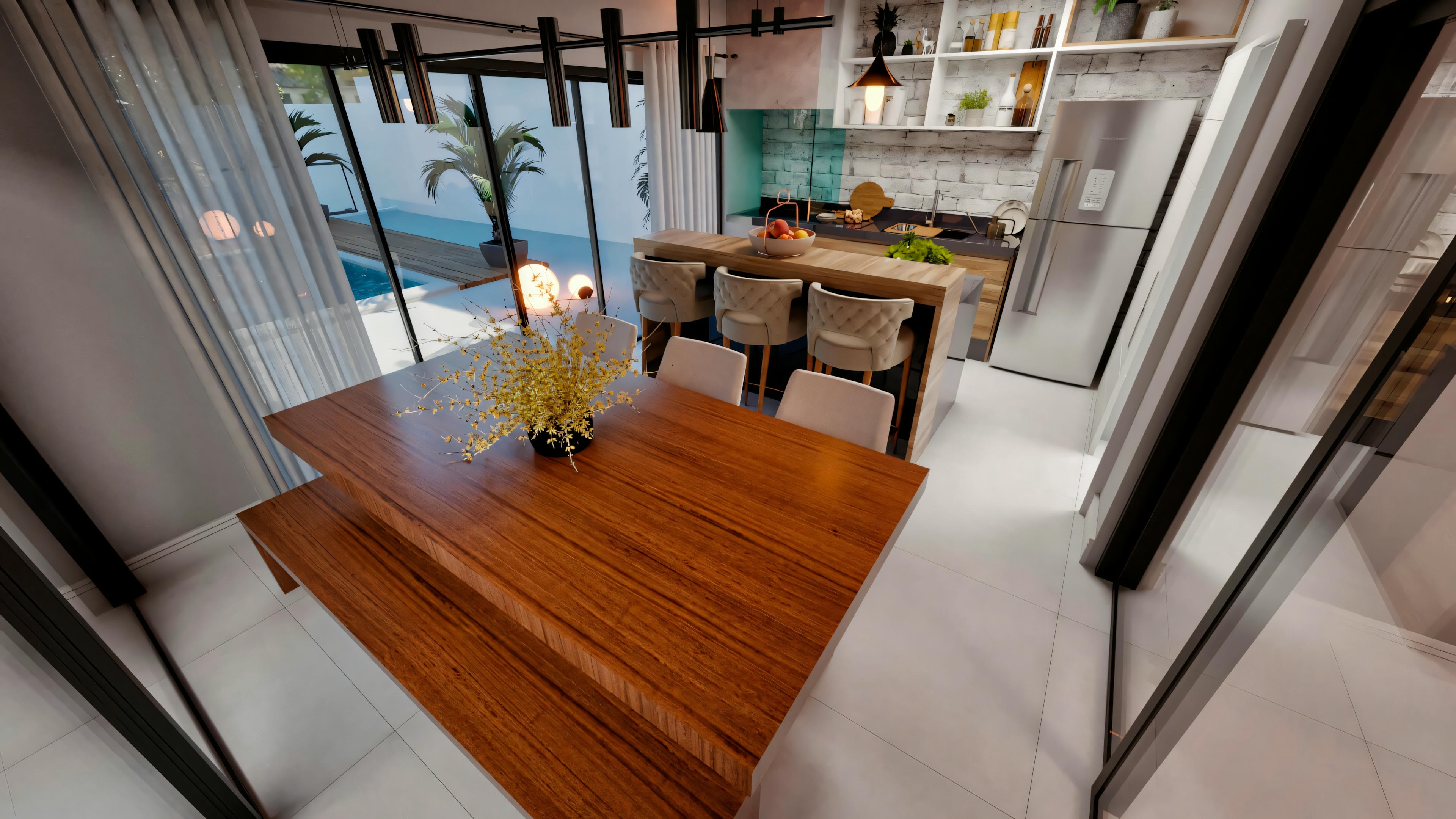 Sala moderna com escada levando a um mezanino, cadeiras e mesa, com iluminação brilhante e decoração contemporânea.