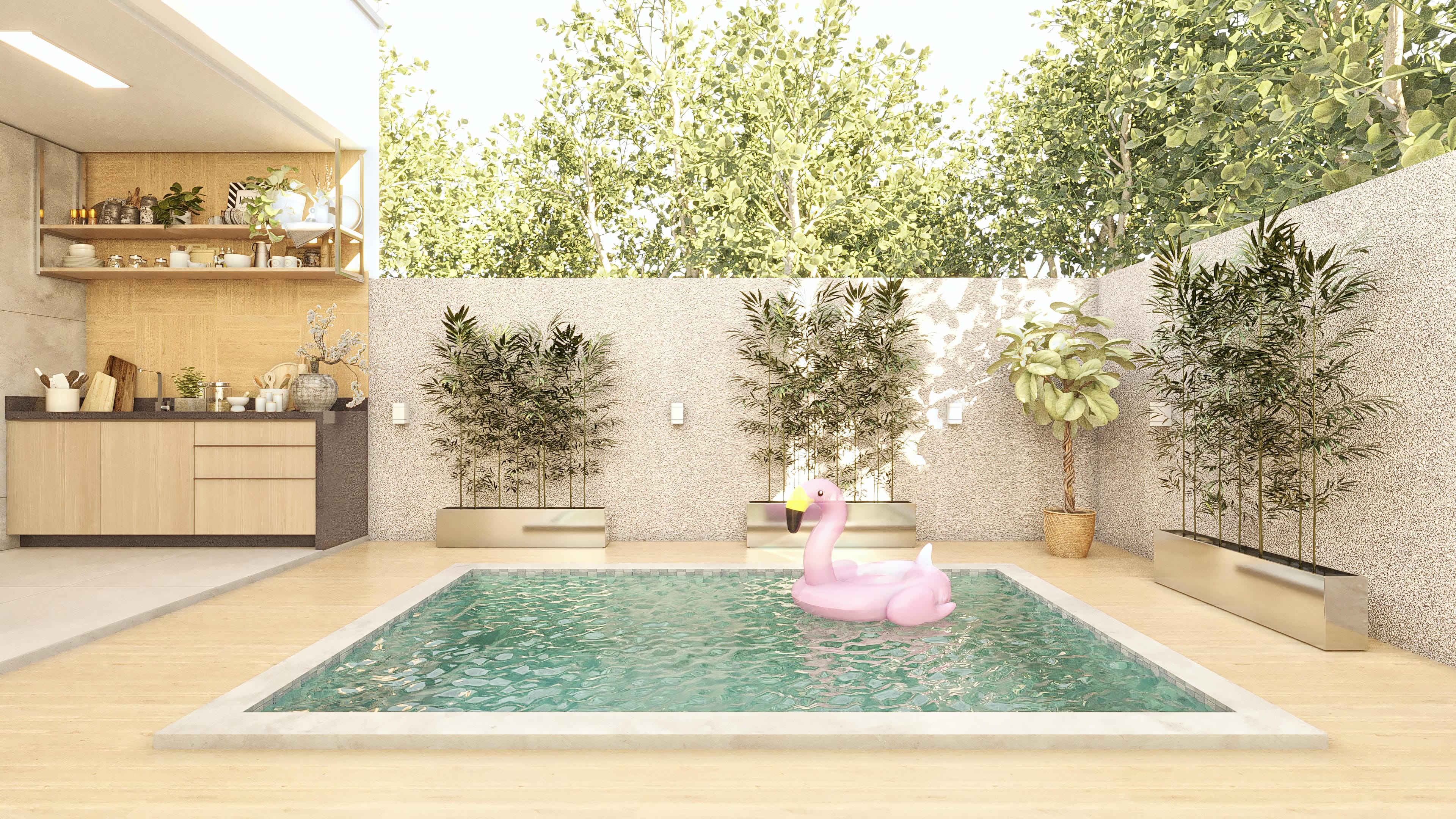 Detailed view of the external area of a modern single-story house, with emphasis on an inviting pool, equipped gourmet area, and tropical landscaping.