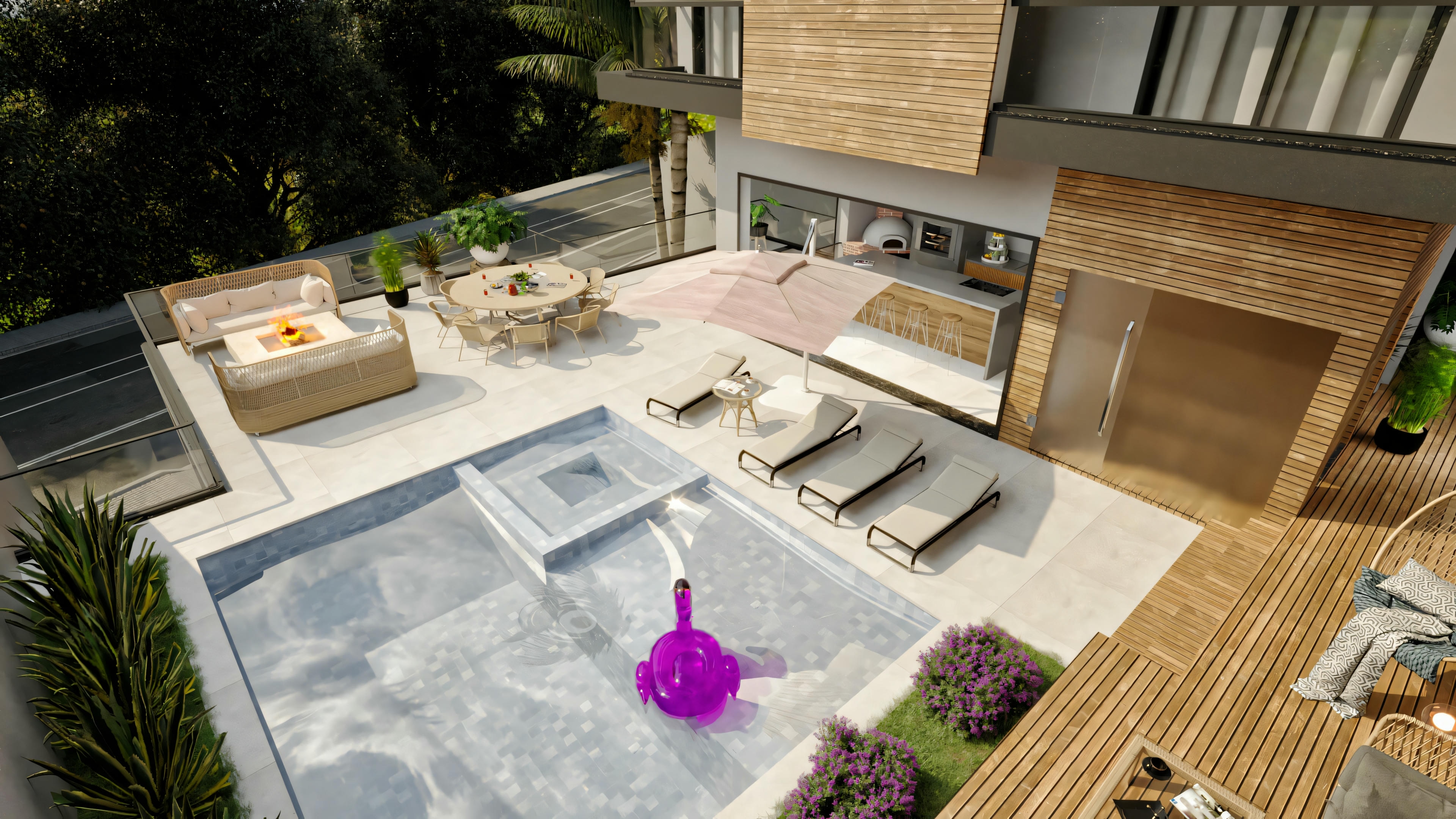 Vista aérea del área de ocio completa de casa de planta baja moderna con 4 suites, mostrando piscina, terraza, hoguera, área gourmet y comedor exterior.