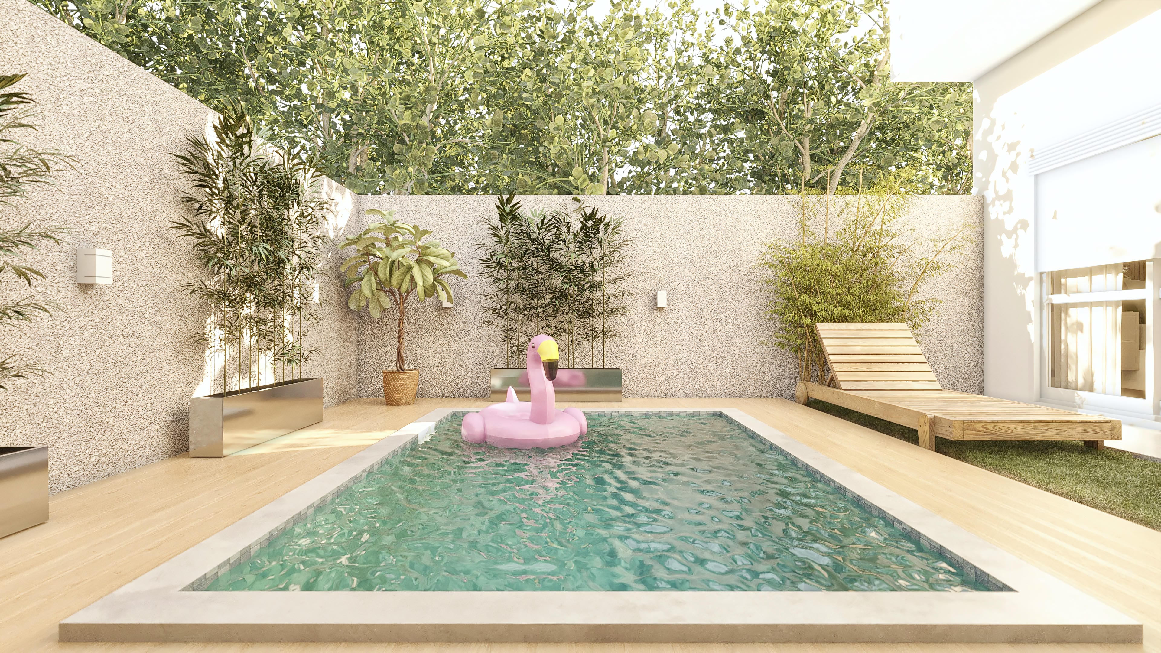 Piscina con borde de hormigón y terraza de madera, rodeada por paisajismo exuberante, y área de ocio con tumbona.