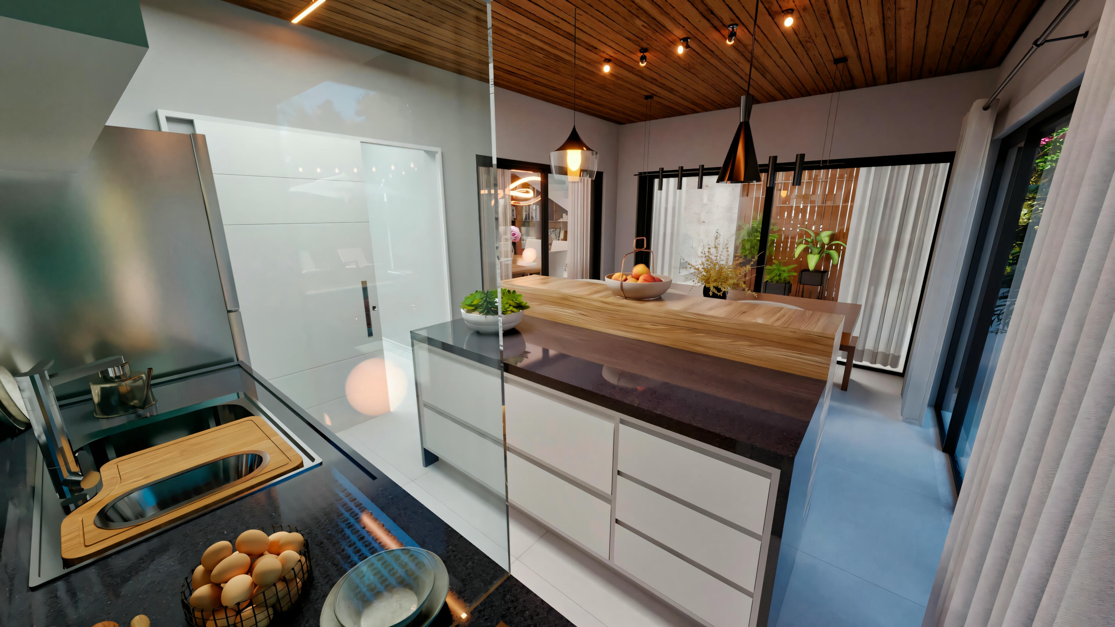 Cocina com salpicadero reflectante, electrodomésticos modernos e iluminación bajo los armarios.