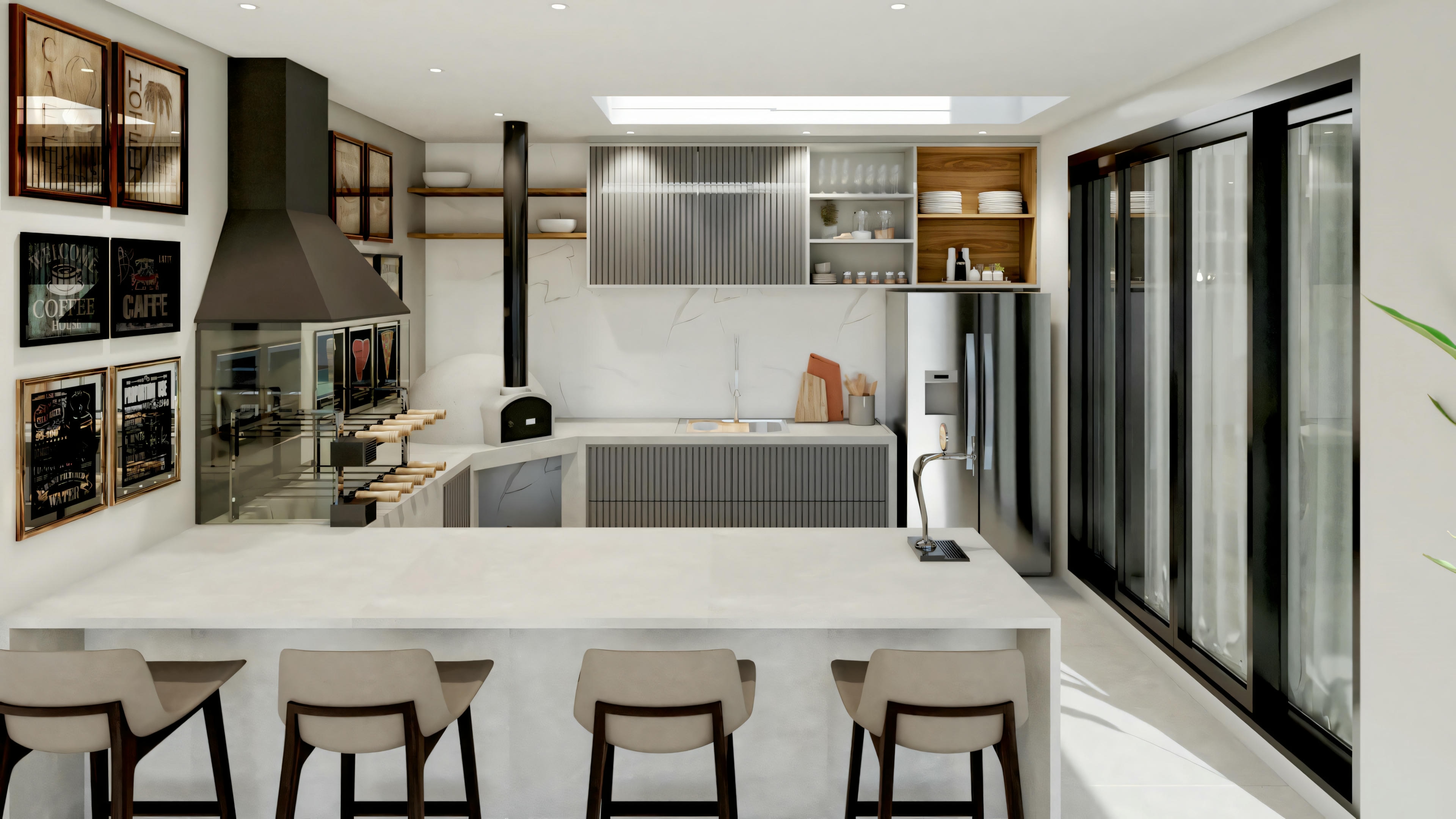 Una cocina moderna con taburetes e isla central.