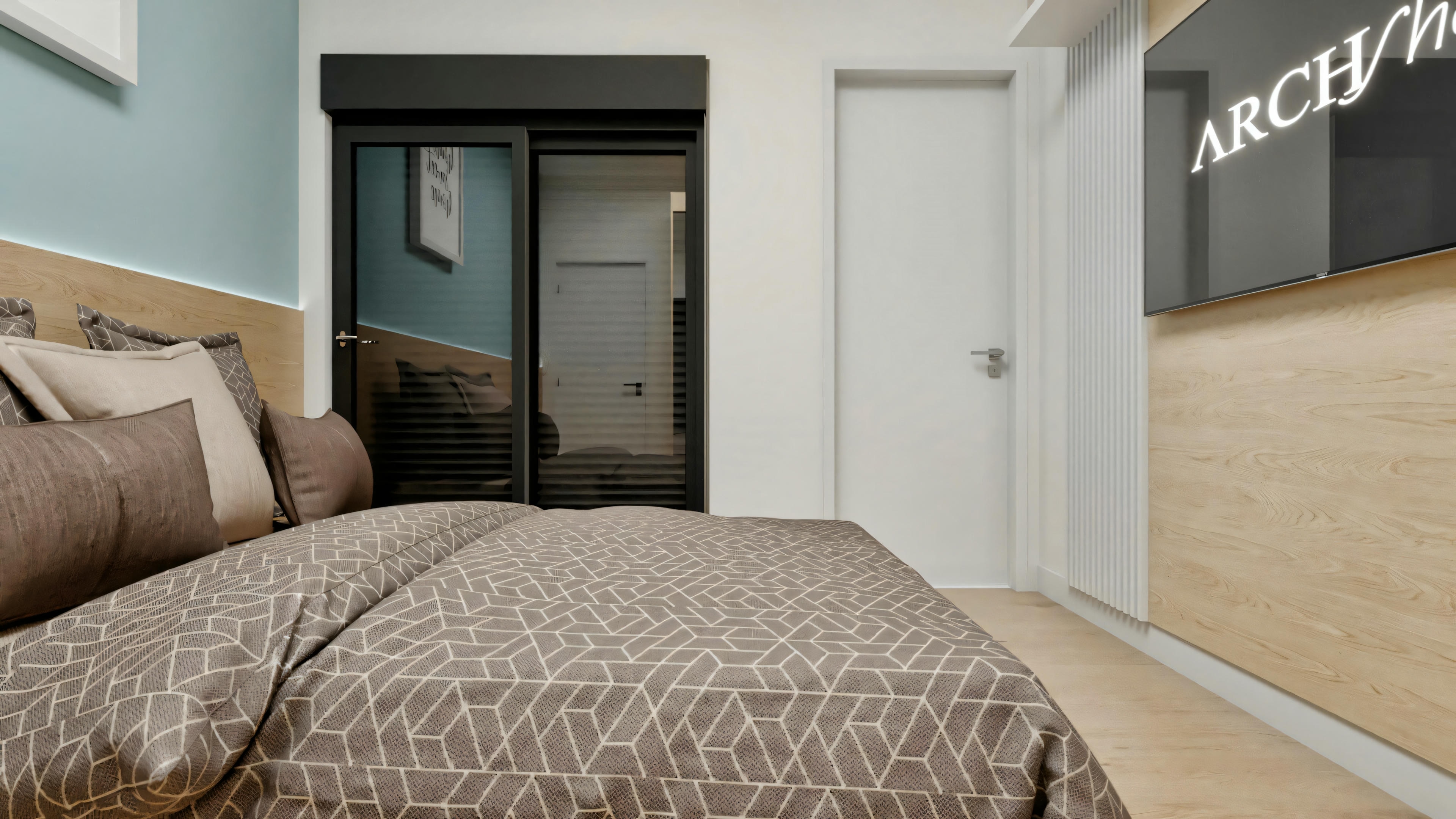 Double bedroom (suite) in a ready-made project with 5 suites, side view of the bed, wall panel with built-in TV, combining wood and white slatted panel, room access door, and sliding door to balcony/exterior.