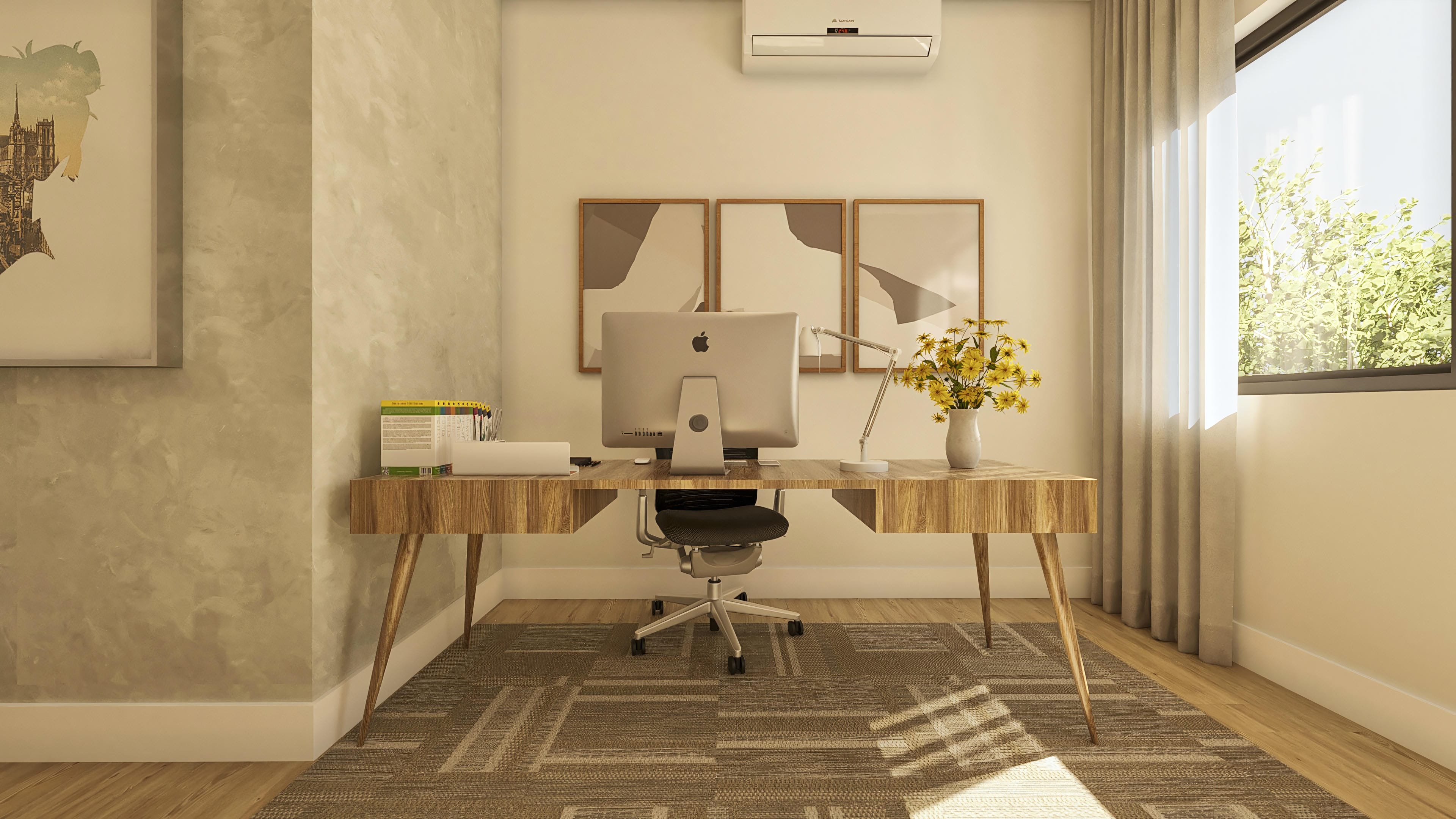 Detalhes de um escritório moderno com paredes em tons de bege e cinza, uma mesa de madeira com um computador, uma cadeira ergonômica e um vaso com flores amarelas.