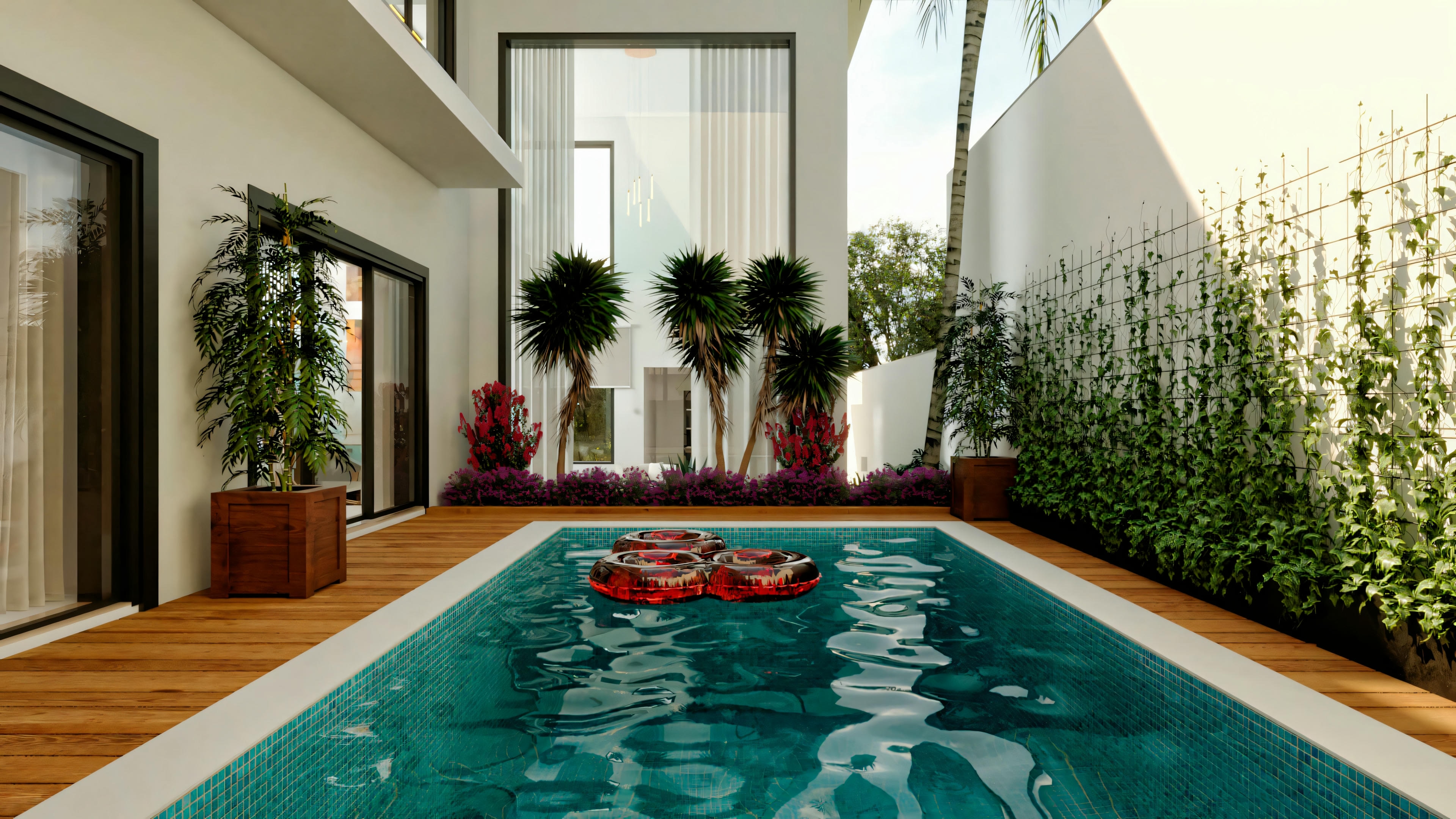 Indoor area with a pool, large windows