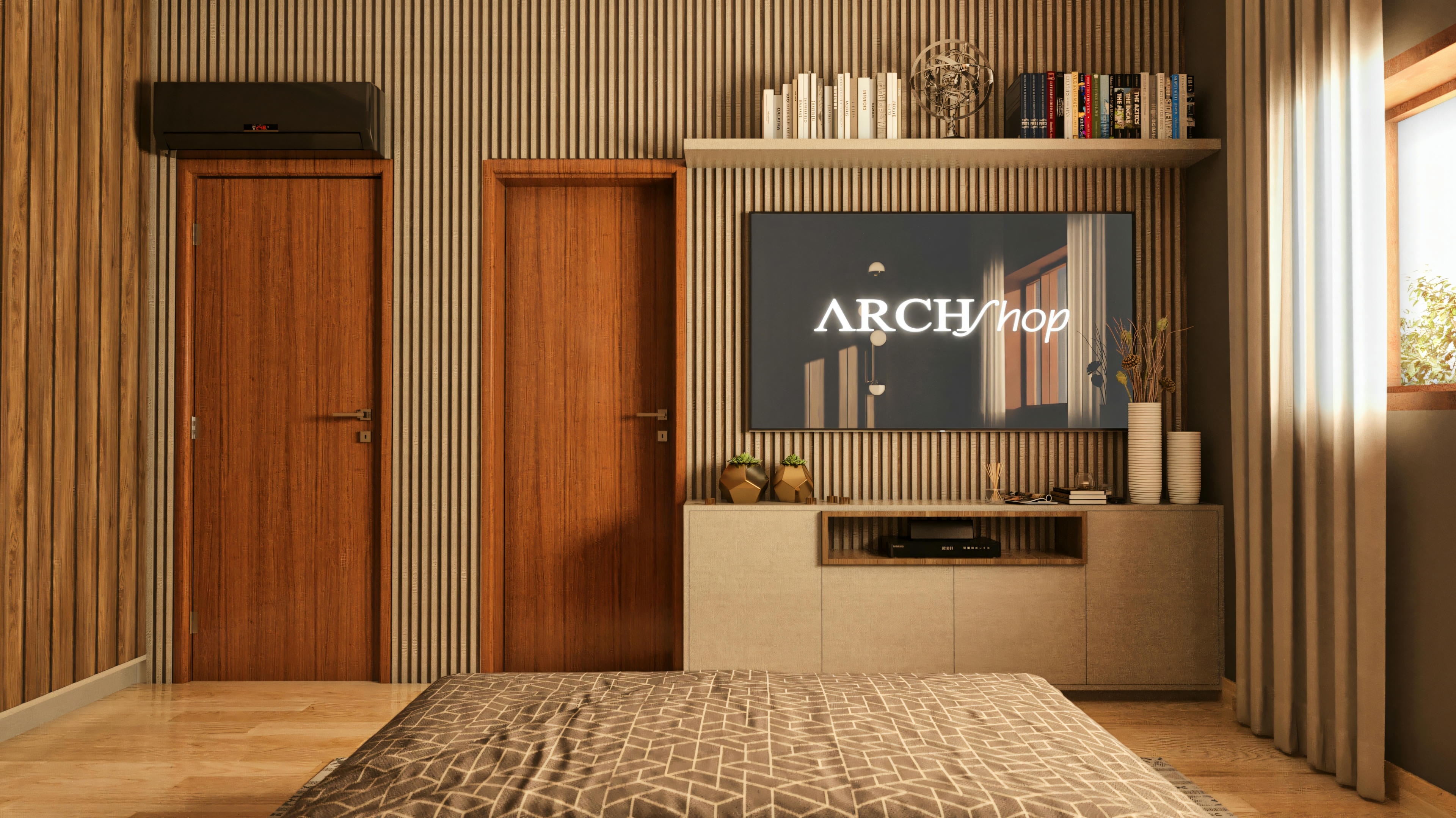 Interior view of the closet in the master suite of a modern house project. Includes a central island with drawers, custom open and closed cabinets, shoe rack, hanging rods, and sophisticated lighting with a pendant and recessed LEDs. Belongs to one of the 4 suites of the 555.9m² house with a pool and office.