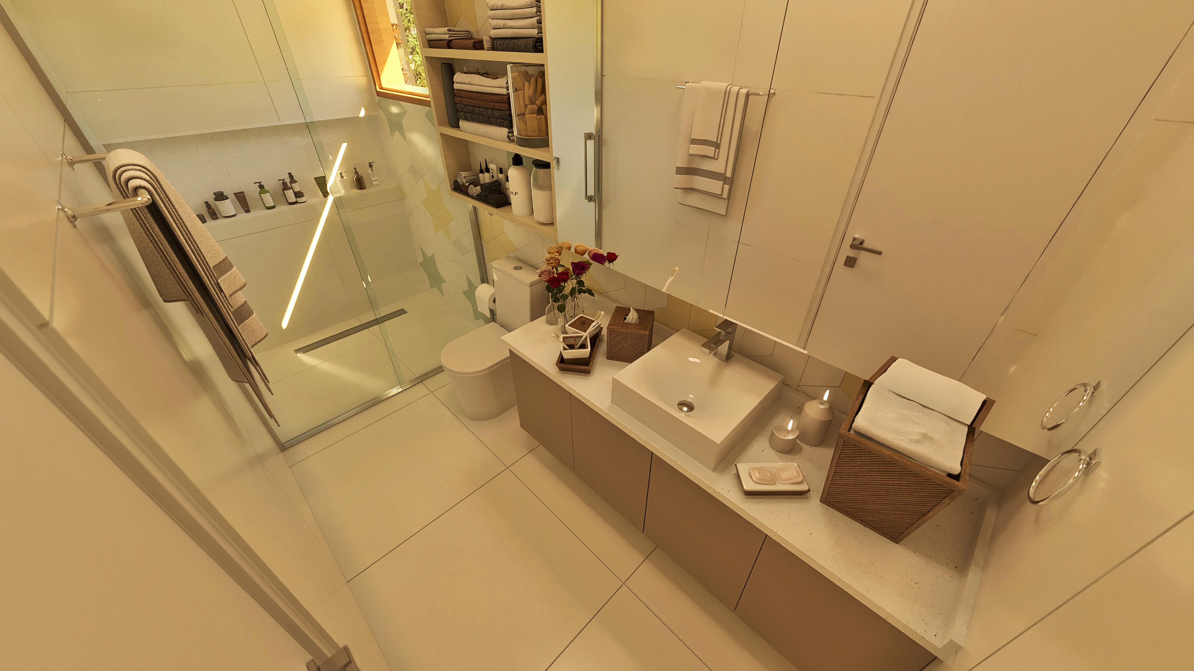 Details of a modern bathroom with a countertop, sculpted sink, mirror, tempered glass shower enclosure, and niches for towels.