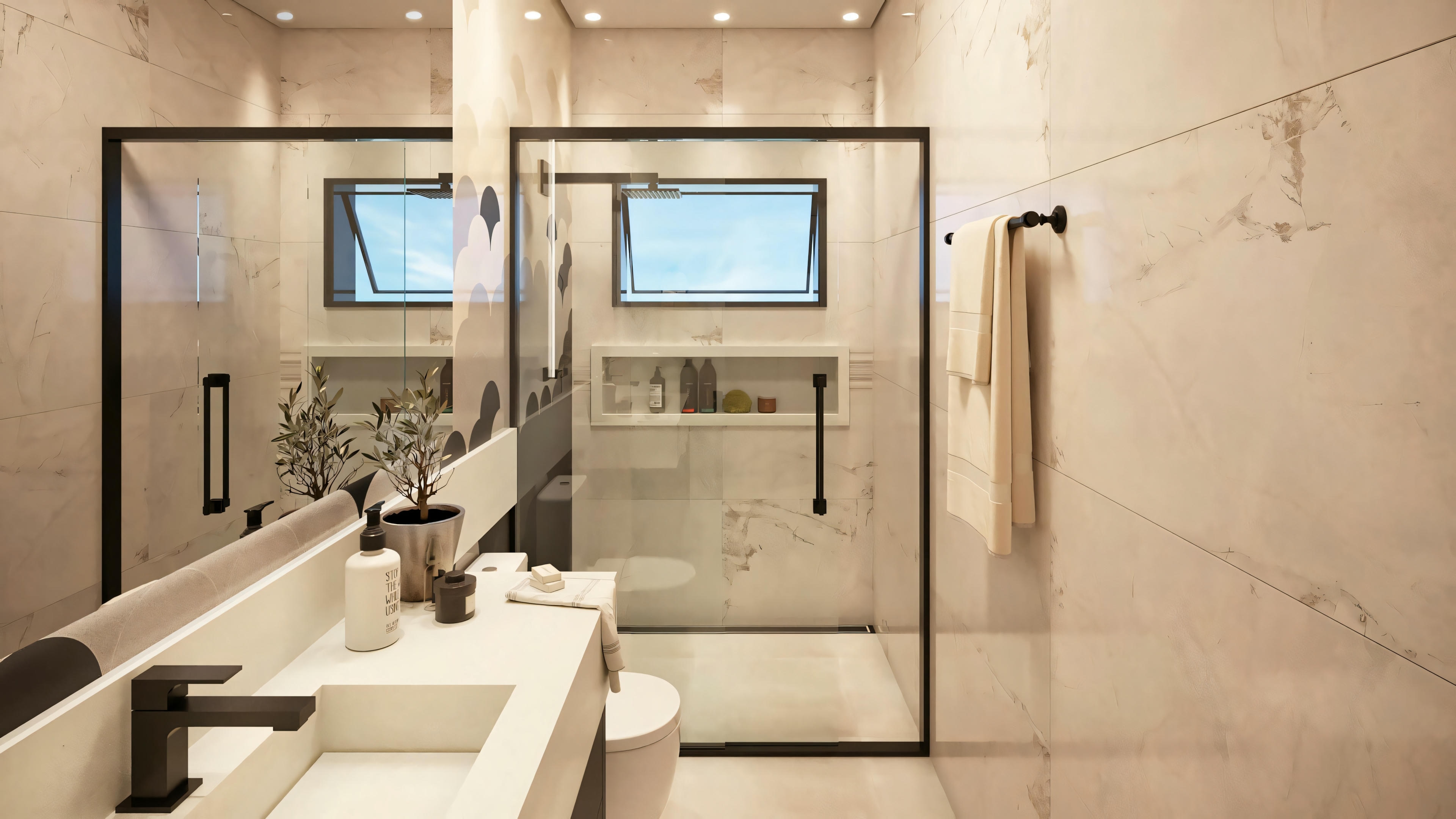 Modern bathroom with a white vanity, large mirror, and glass shower enclosure.