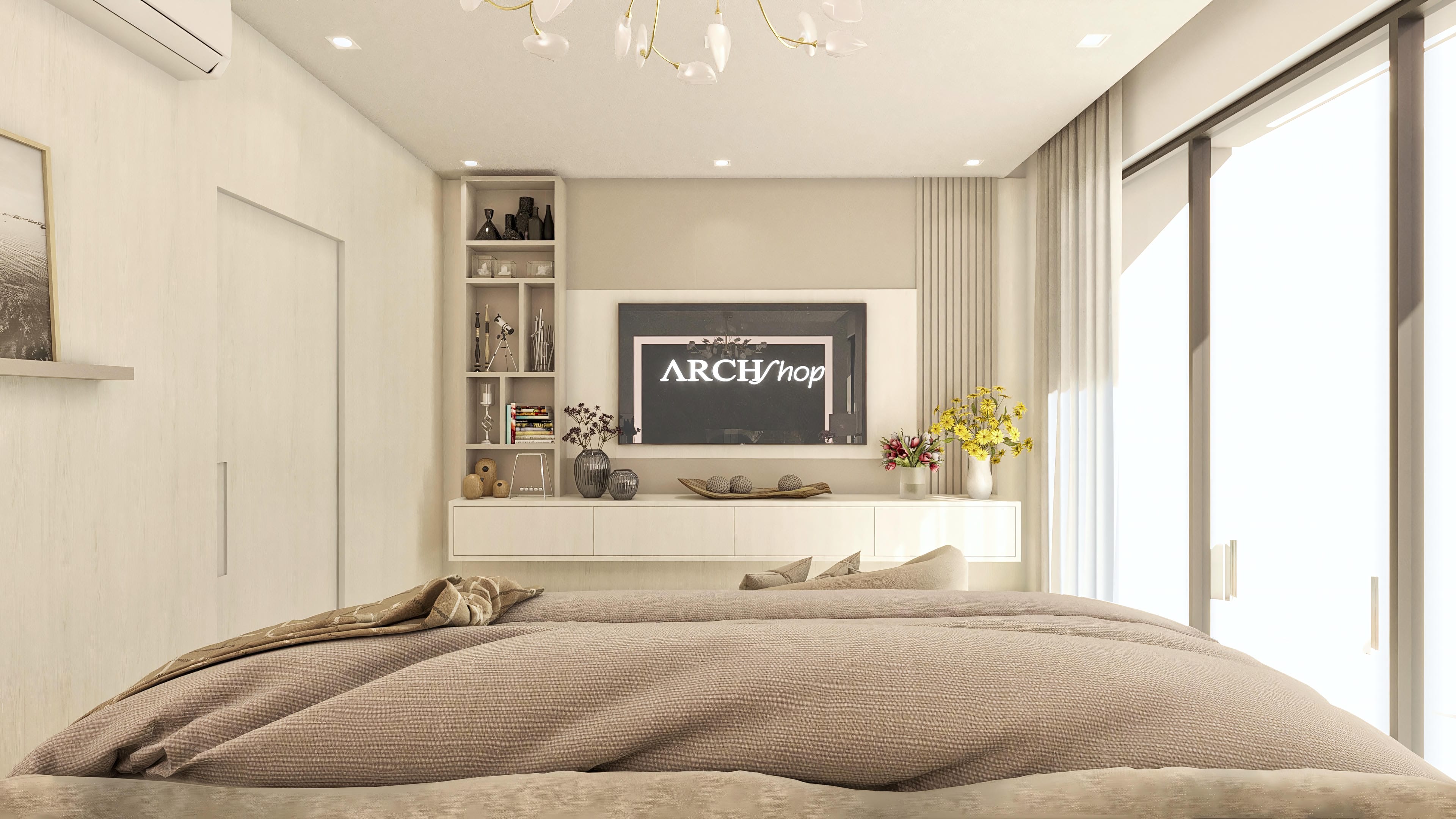Detail of a modern interior in neutral tones, focusing on a cozy bedroom, planned furniture, and indirect lighting. Space with contemporary design and elegant decorative elements.