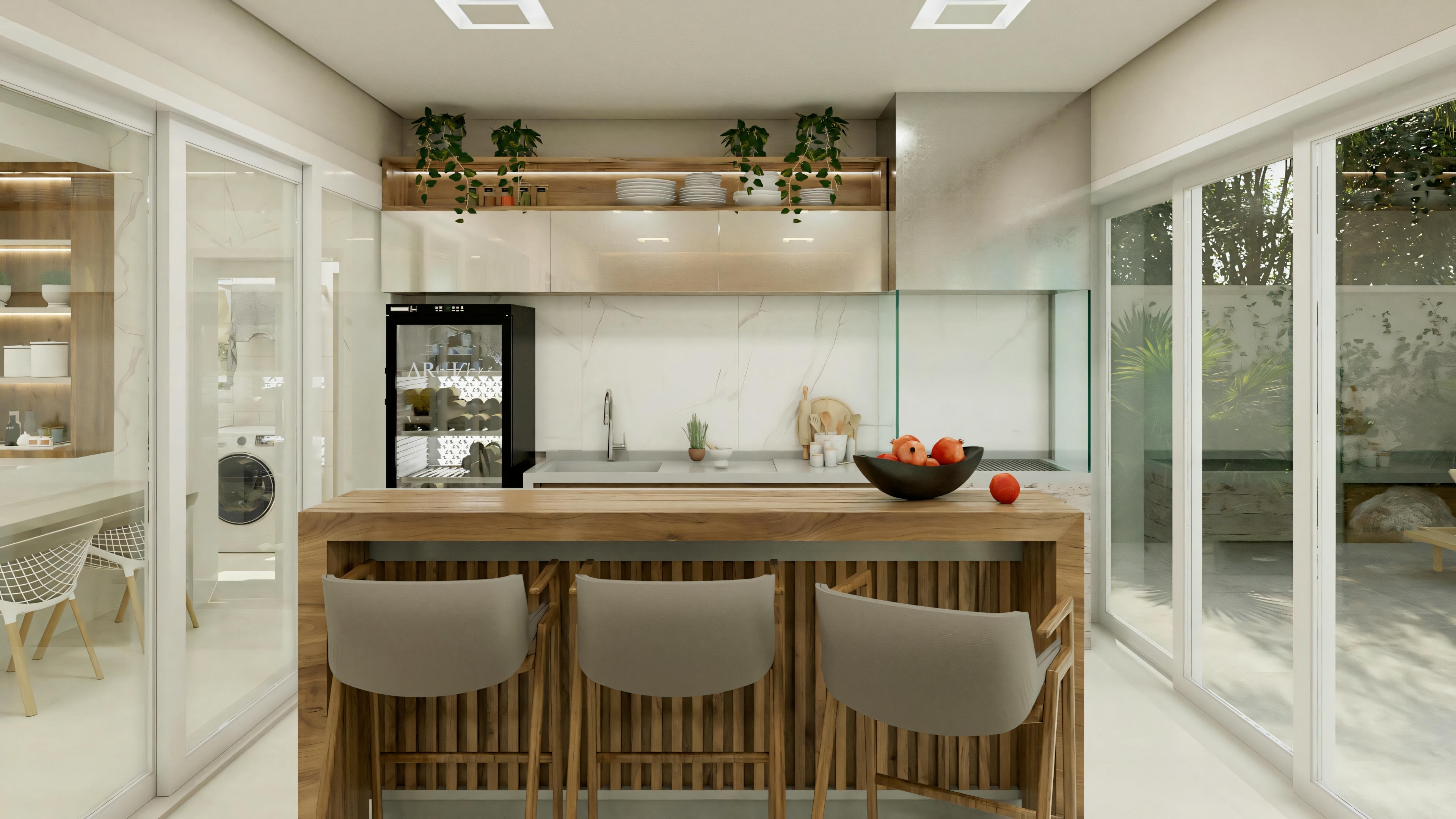 A modern kitchen with a center island and seating, elegant cabinets, pendant lighting, and built-in appliances.