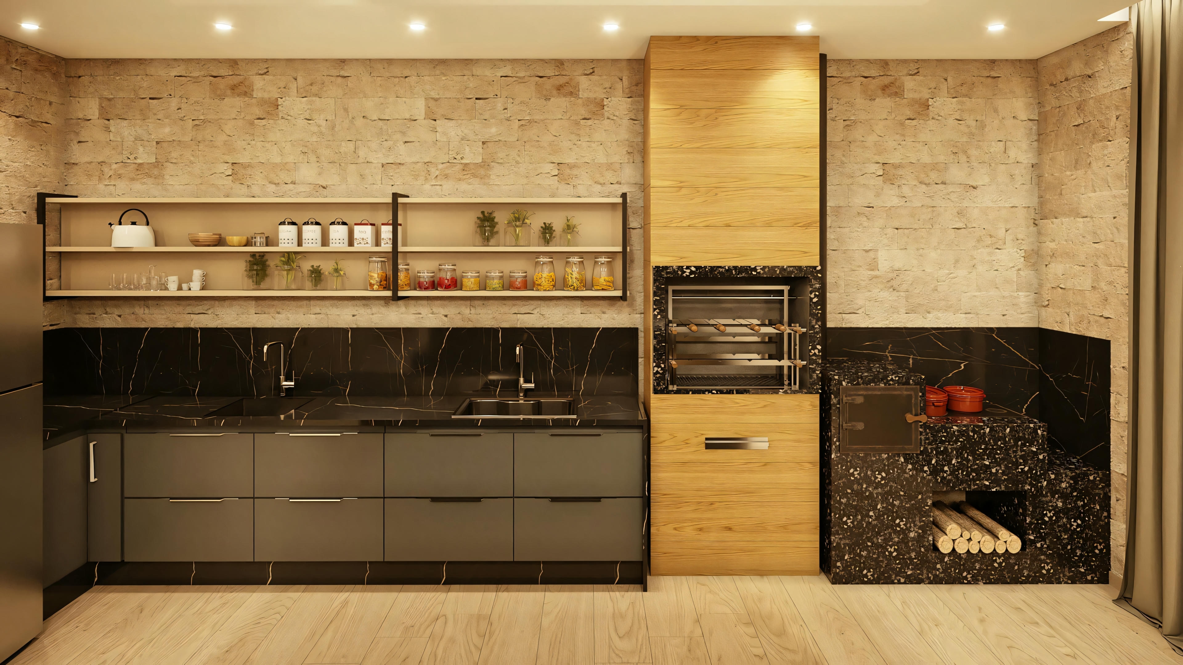 A modern kitchen com dark tones, black cabinets, wall-mounted shelves, e under-cabinet lighting.