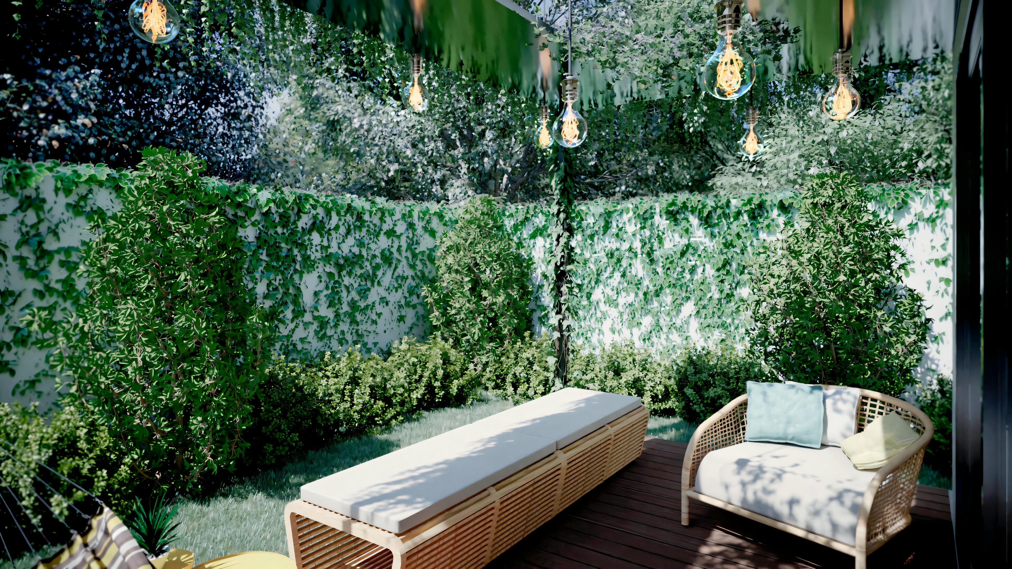 Outdoor scene with a pool, wooden deck, and comfortable seating areas, blending relaxation with elegant design.
