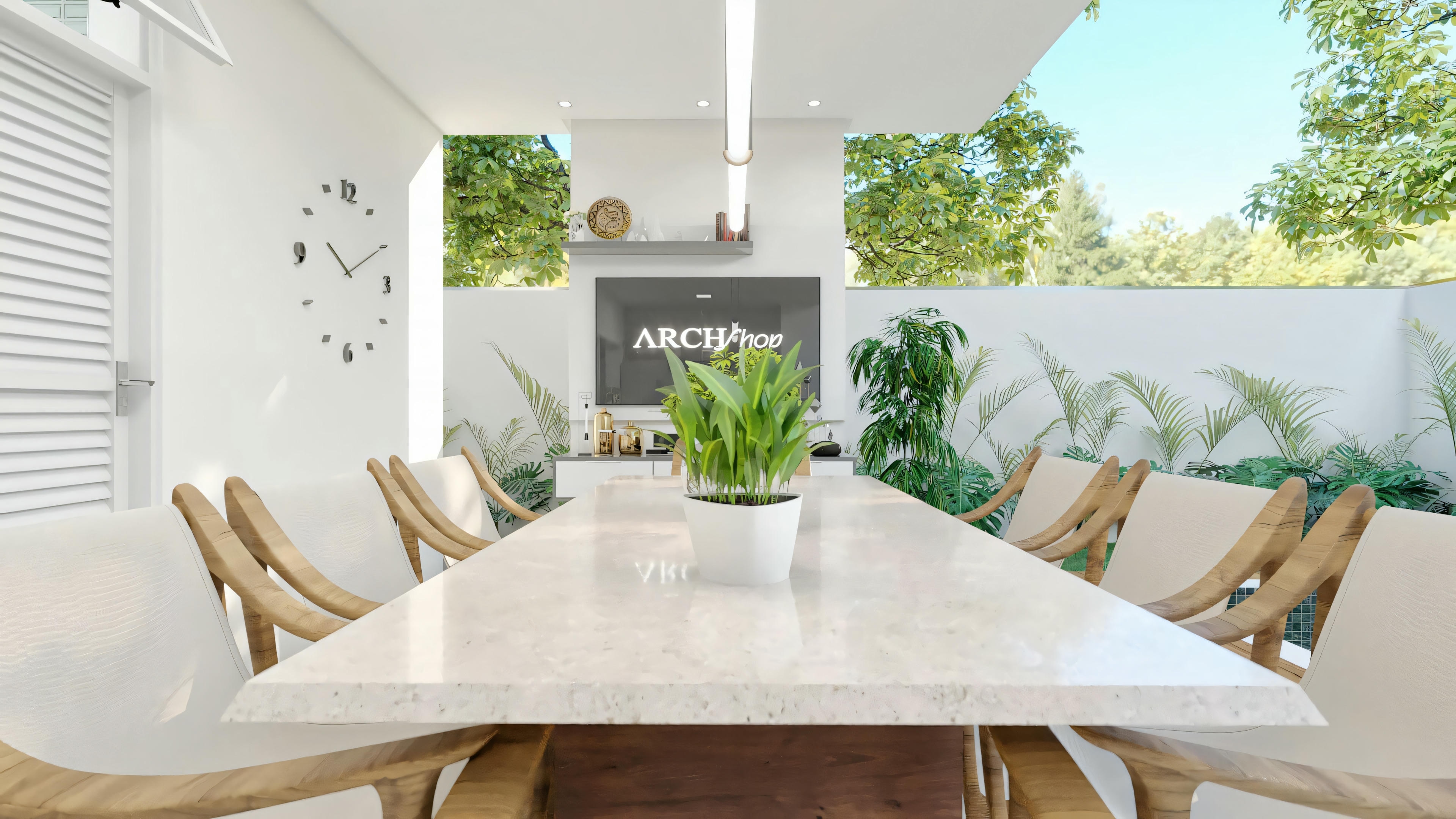 Covered outdoor gourmet area with large dining table, wooden chairs and TV panel for entertainment. Part of Archshop's residential project, with landscaping and integration with the house. Ideal for a 3-bedroom house plan with pool.