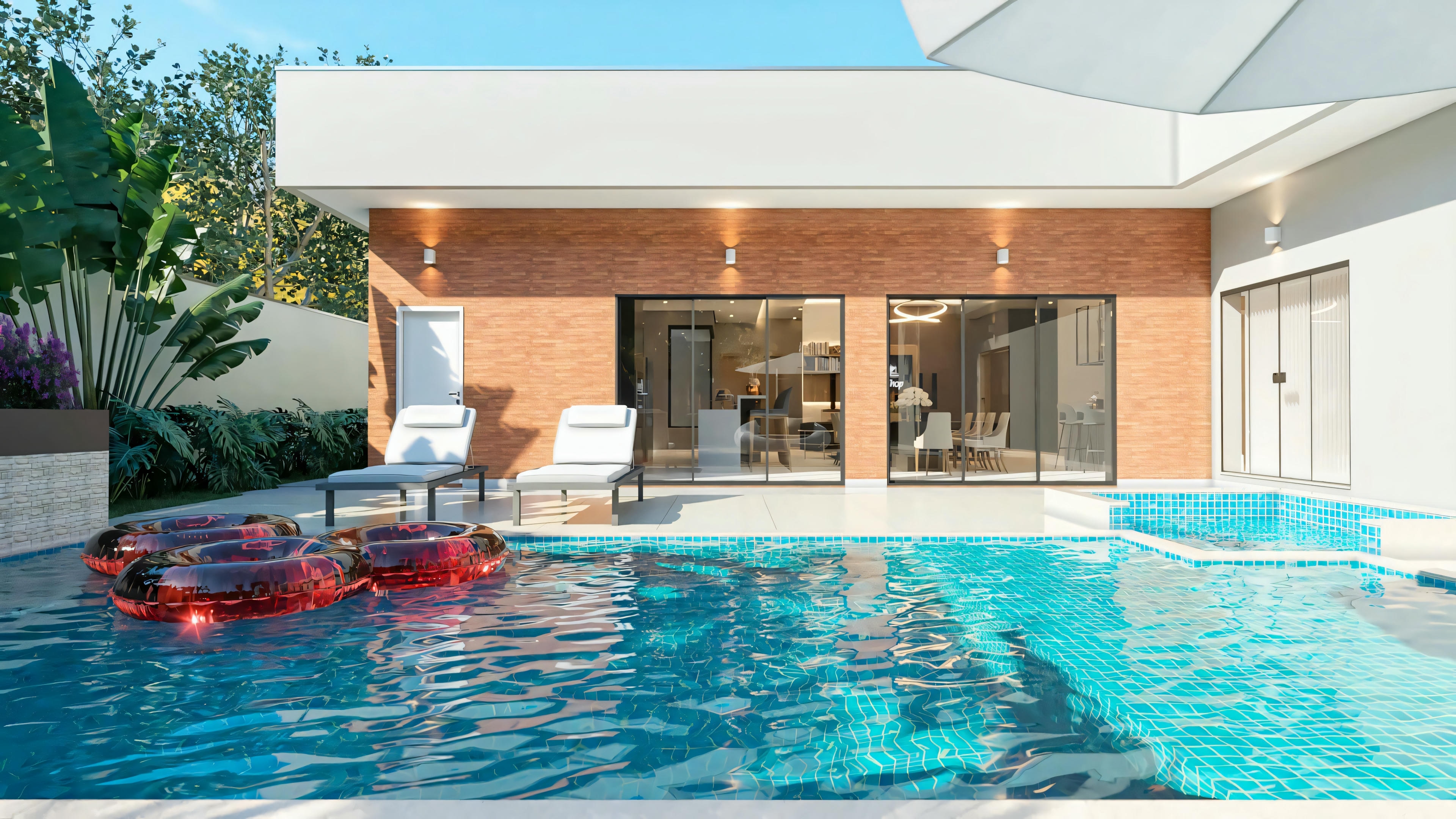 Outdoor leisure area of a bungalow house with 3 suites, featuring a rectangular pool, deck, outdoor living space with sofas and fire pit, umbrella, and landscaping. A 3-suite bungalow house project with gourmet area.