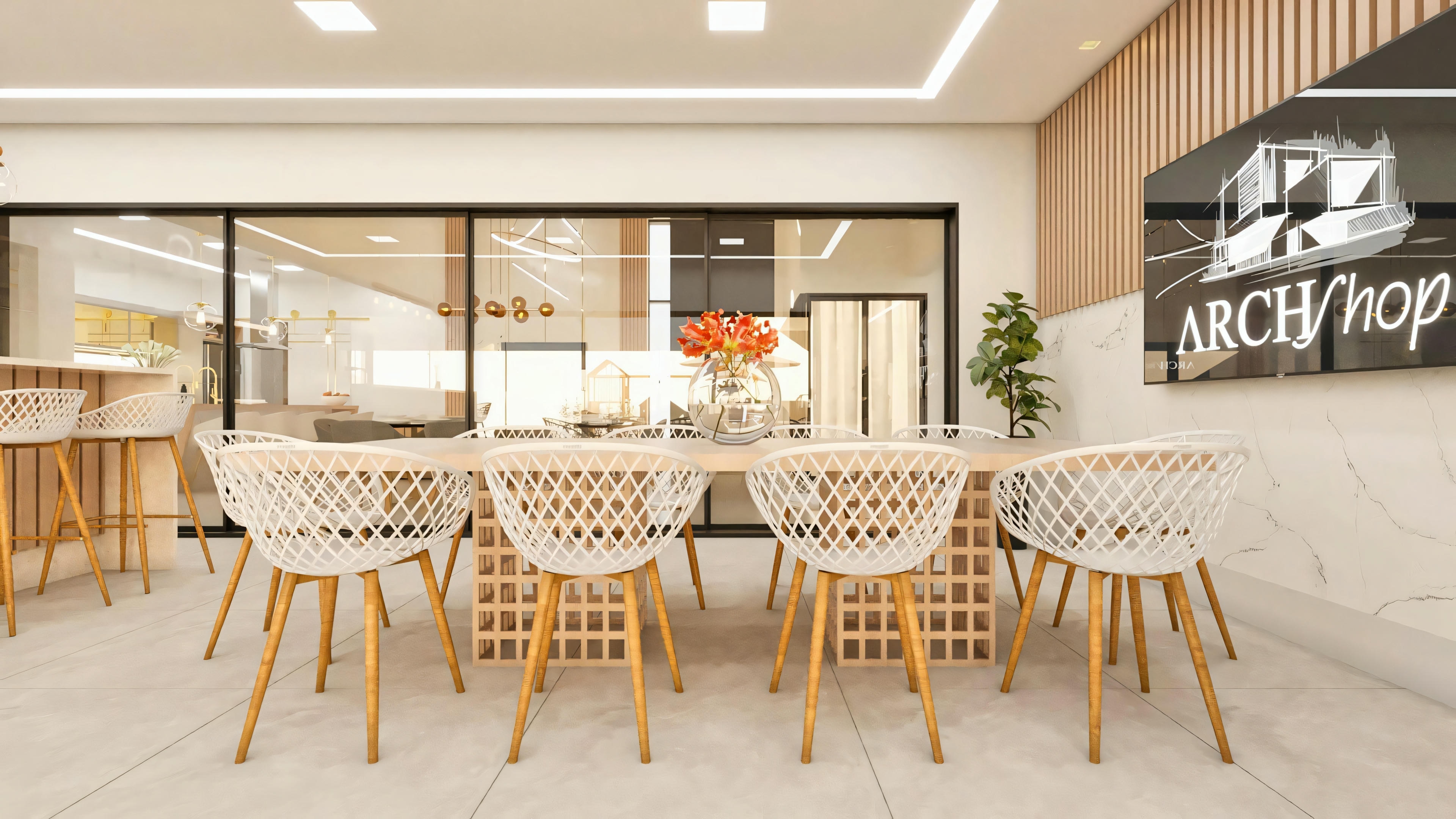 Vista interna del vestidor en la suite principal de proyecto de casa moderna. Incluye isla central con cajones, armarios planejados abiertos y cerrados, zapatera, percheros e iluminación sofisticada con lámpara colgante y LEDs empotrados. Pertenece a una de las 4 suites de la casa con 555.9m², piscina y oficina.