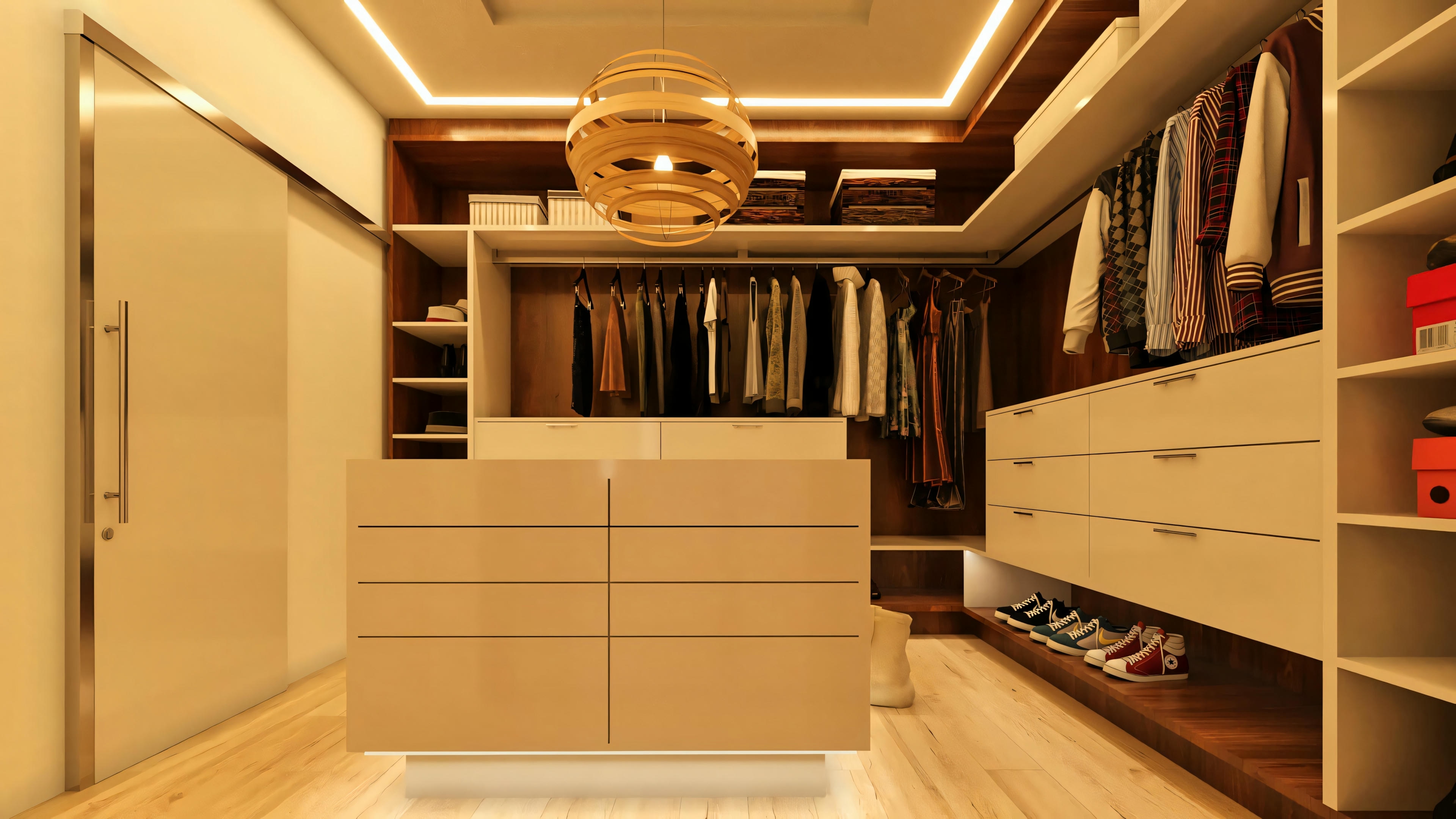 Vista interna del vestidor en la suite principal de proyecto de casa moderna. Incluye isla central con cajones, armarios planejados abiertos y cerrados, zapatera, percheros e iluminación sofisticada con lámpara colgante y LEDs empotrados. Perteneciente a una de las 4 suites de la casa con 555.9m², piscina y oficina.