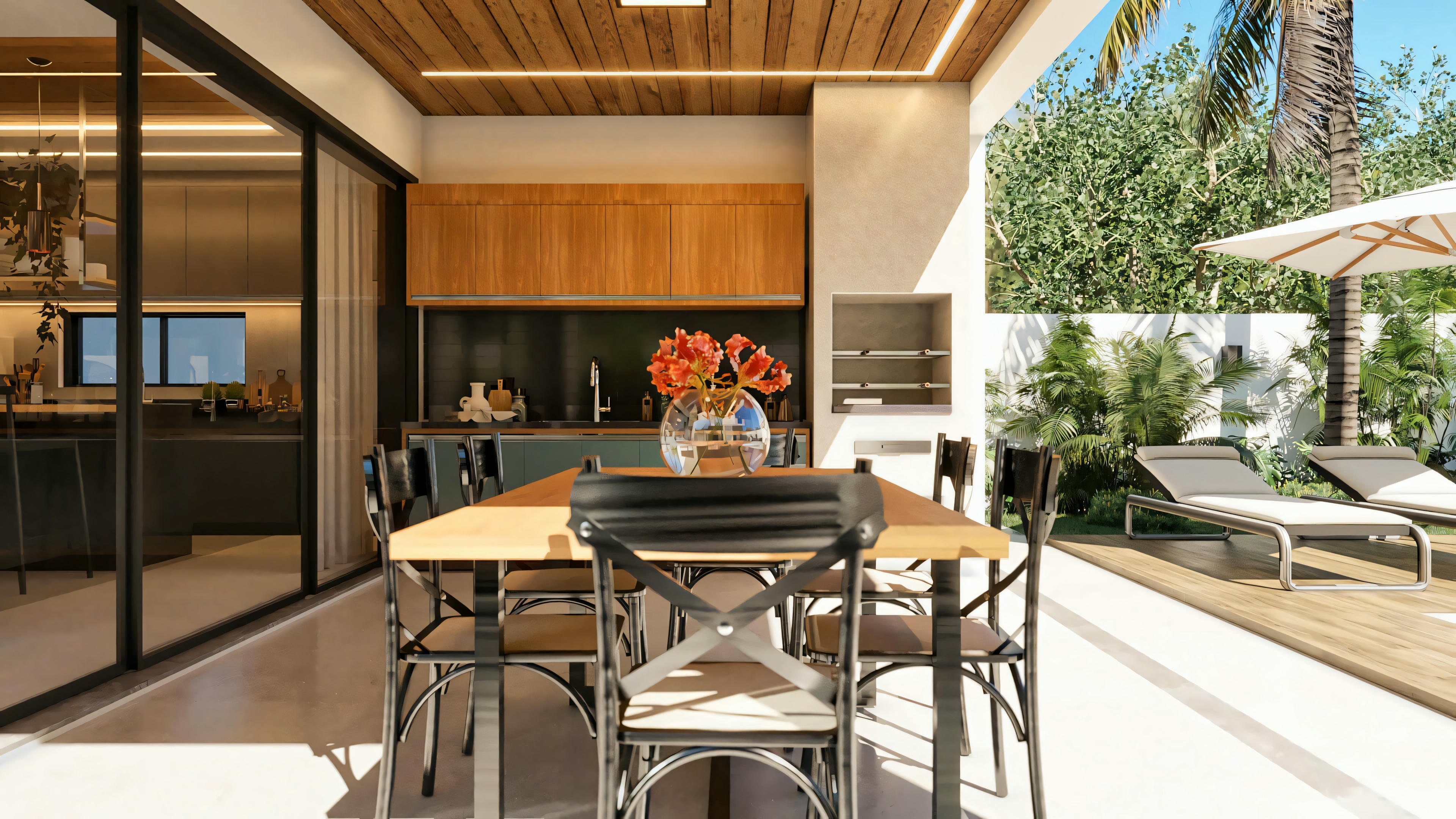 View of the gourmet area of a two-story house with a pool, showing the integration of the covered dining space with the pool deck in the background. 330m² two-story house project with gourmet area and 3 suites.