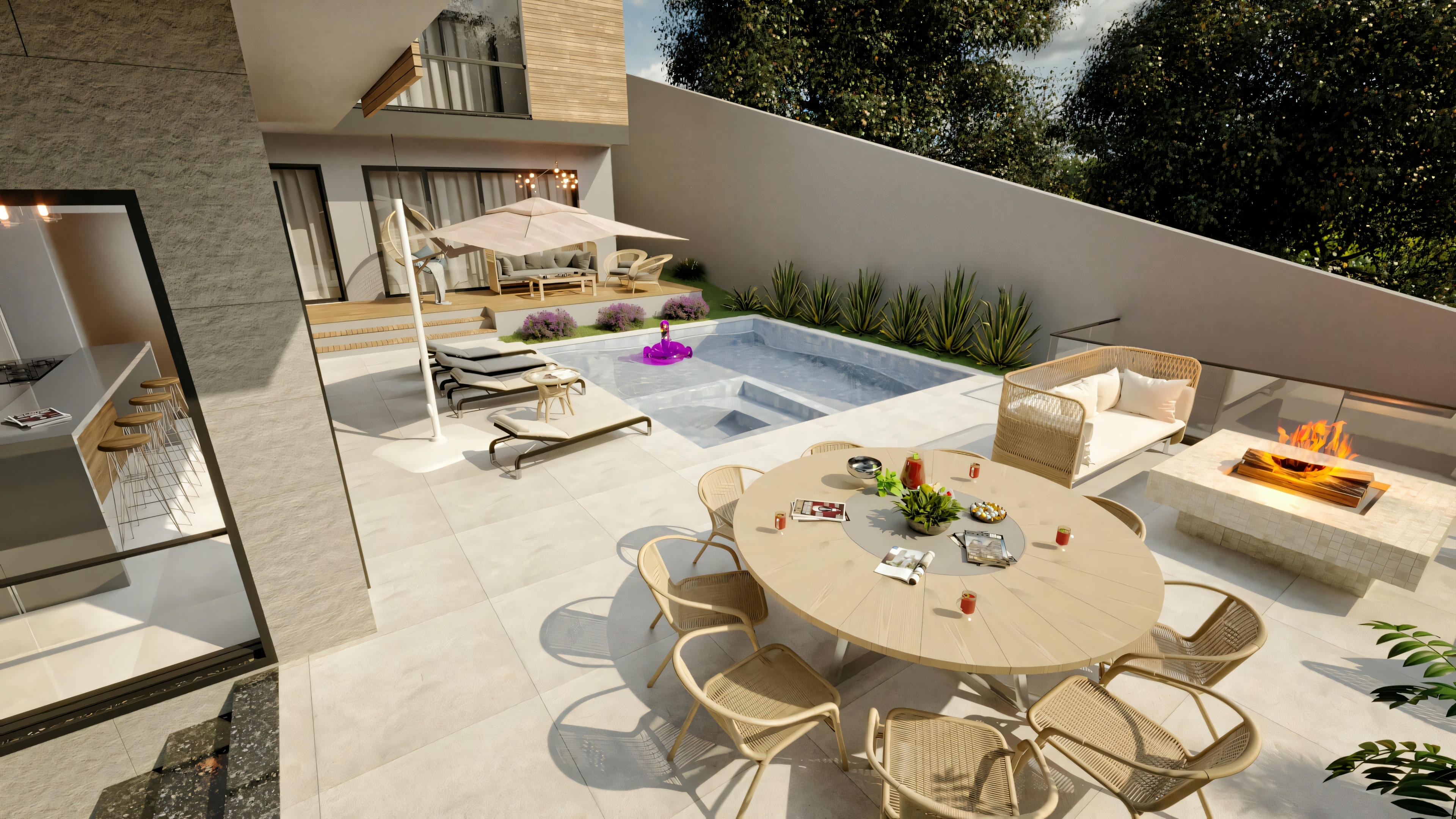 Vista superior del área de ocio de casa de planta baja moderna con 4 suites, mostrando layout con piscina, terraza, hoguera, gourmet y comedor exterior.