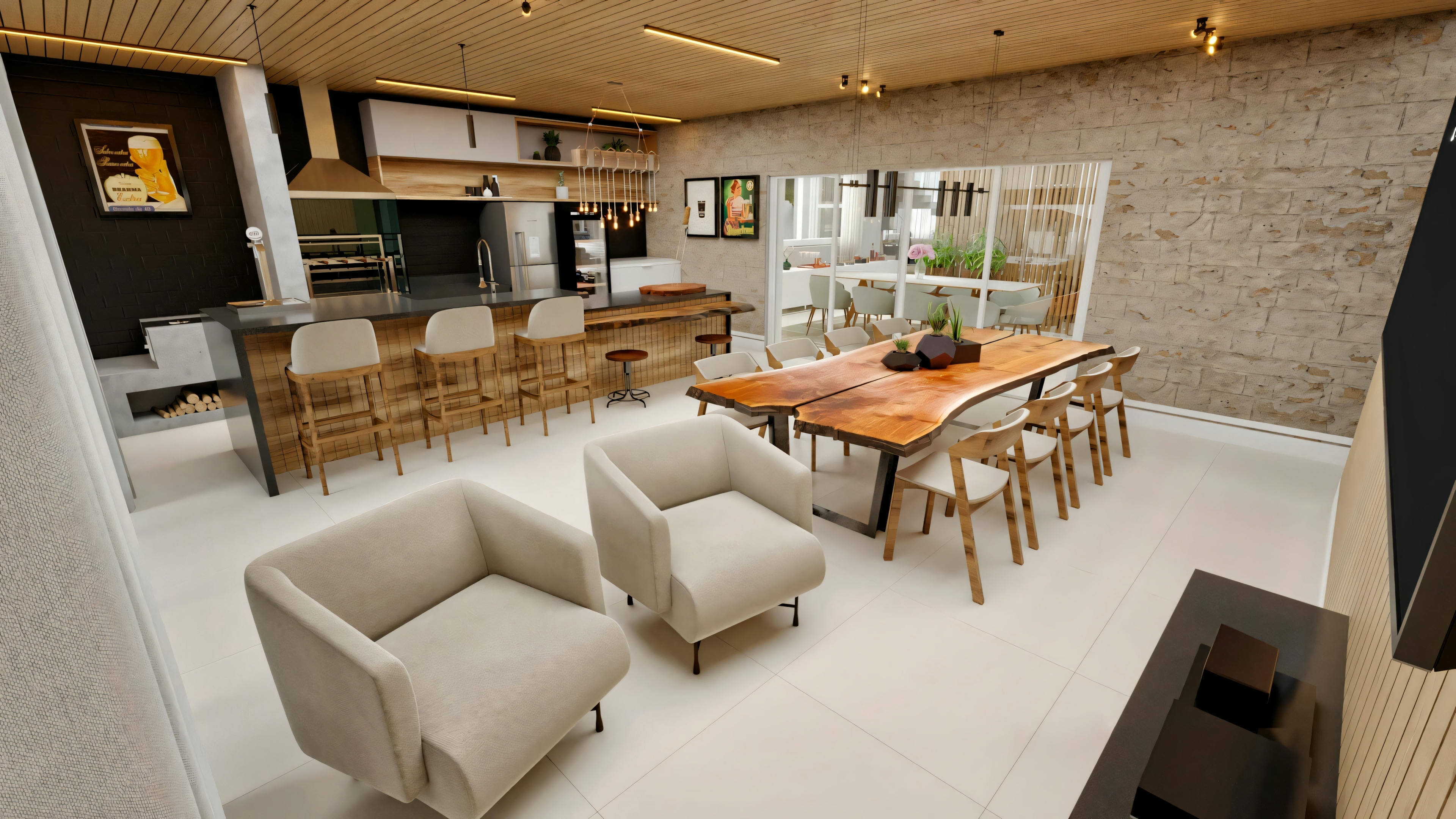Ampla área gourmet integrada com espaço de estar (poltronas), sala de jantar com mesa de madeira natural e parede de pedra, e cozinha com ilha, bancada de madeira, coifa inox e armários planejados, teto com forro de madeira e iluminação linear.