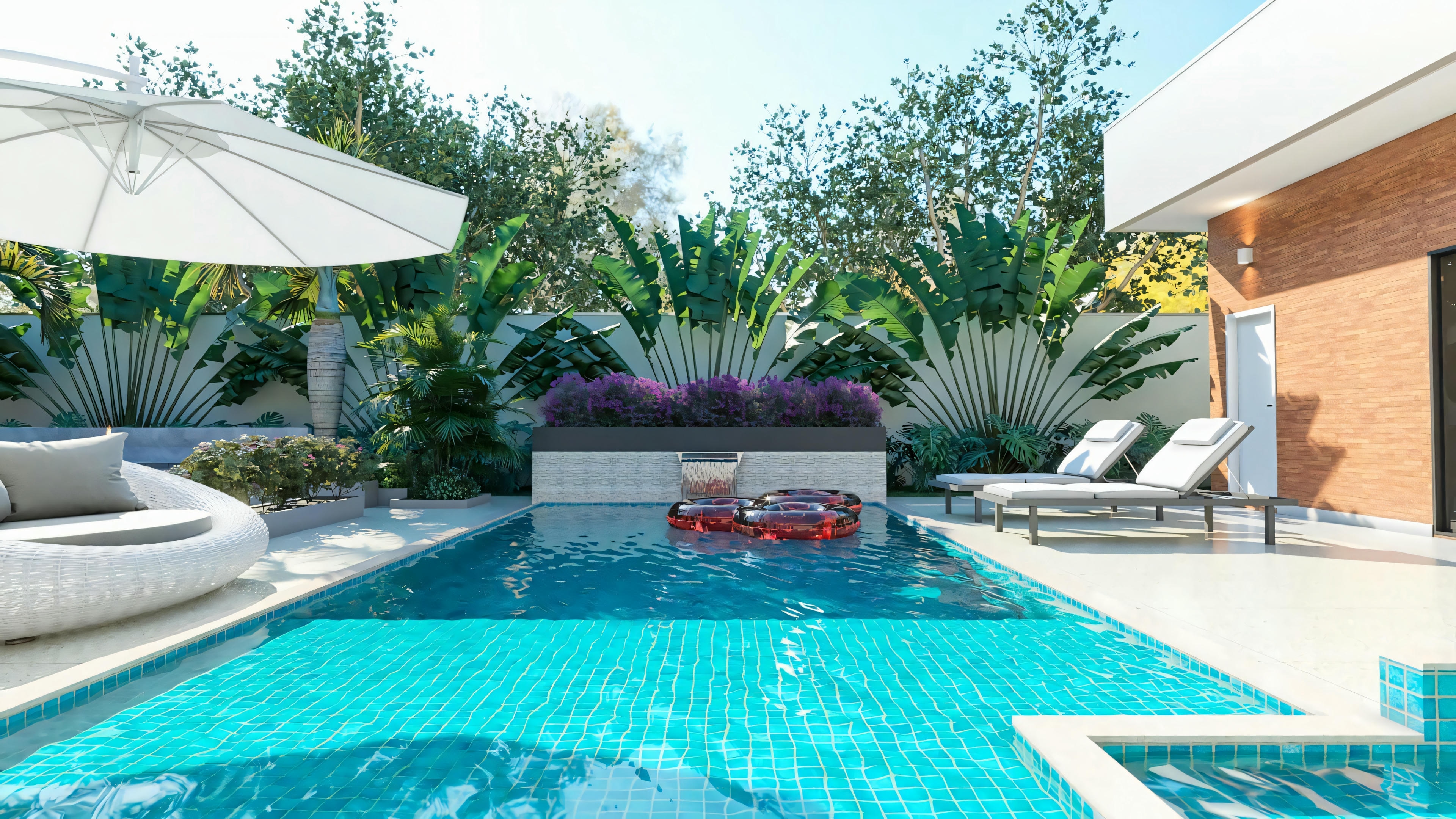 Área de lazer completa com piscina, cascata, paisagismo exuberante e mobiliário de exterior (espreguiçadeiras, sofá) em projeto de casa térrea com 3 suítes e área gourmet.