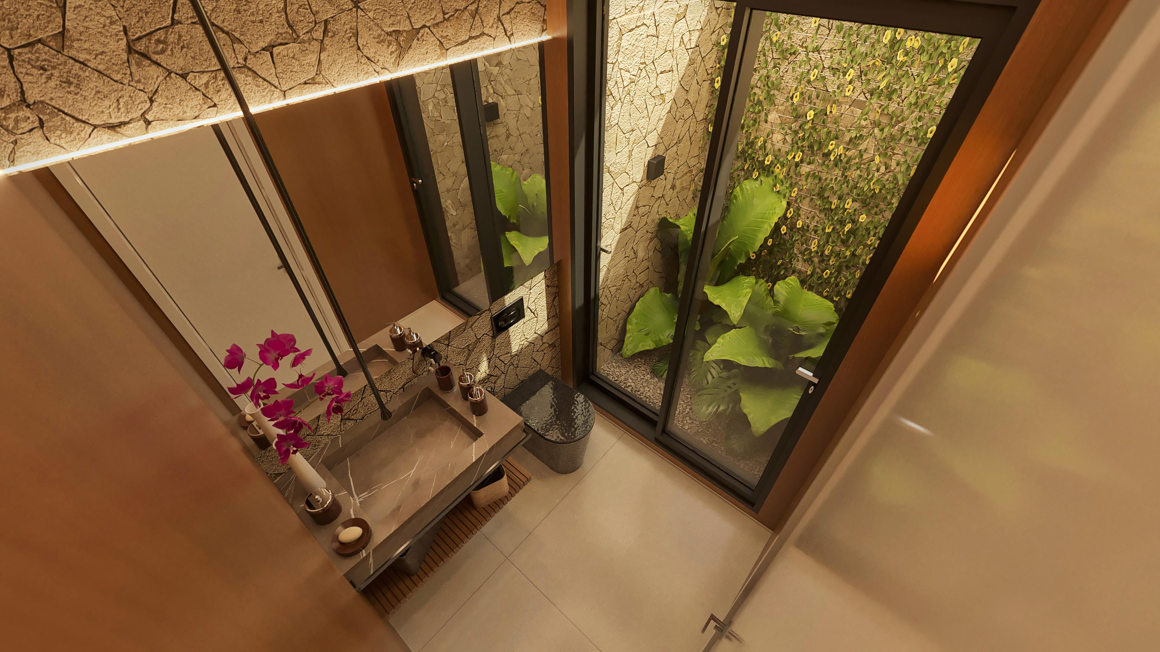Banheiro de alto padrão com parede em pedra natural rústica e jardim vertical interno. Design moderno com bancada em mármore e iluminação em LED.