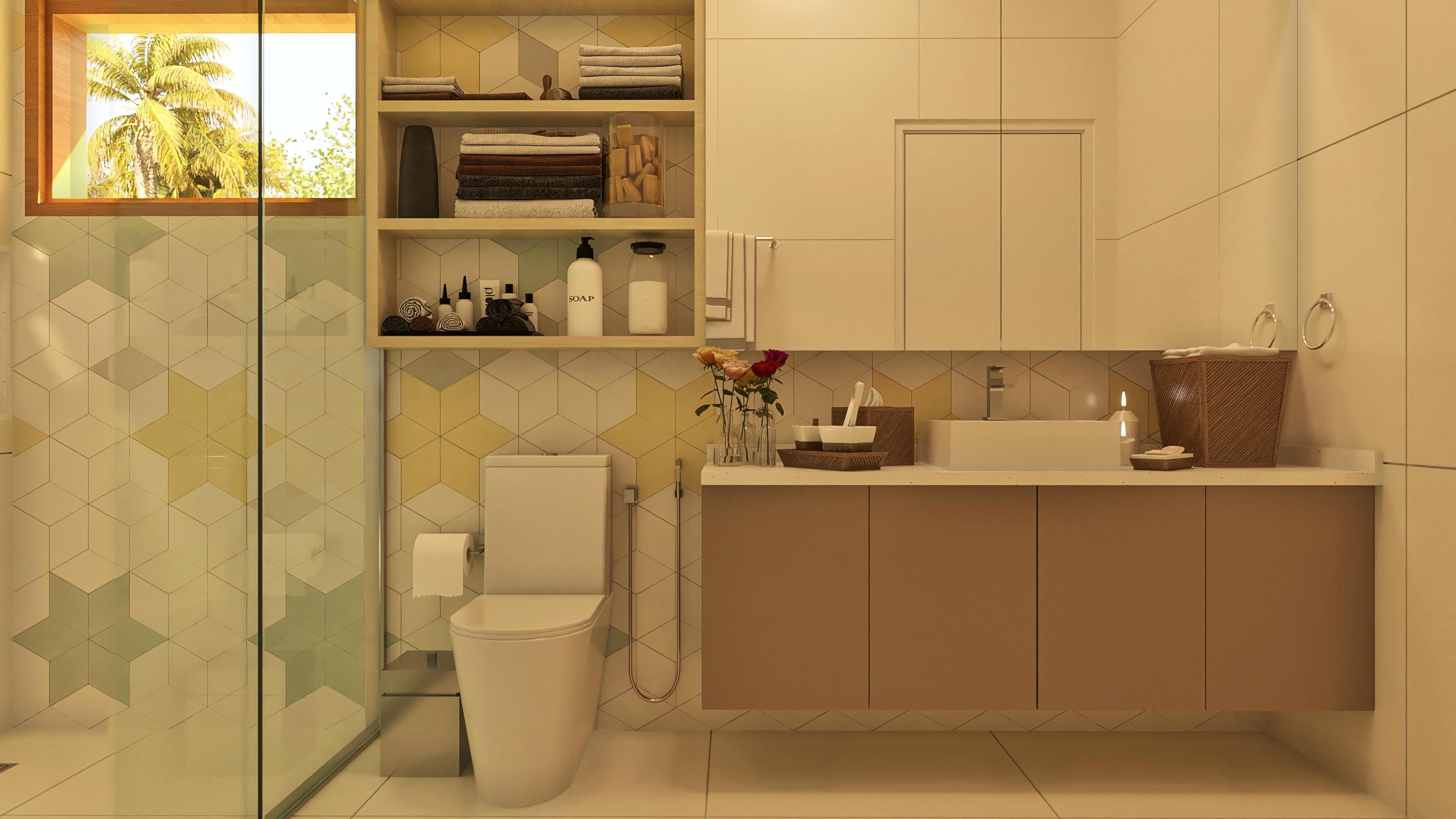 Interior de un baño moderno con lavabo de sobreponer, armario suspendido y revestimiento geométrico en tonos pastel y amaderados.