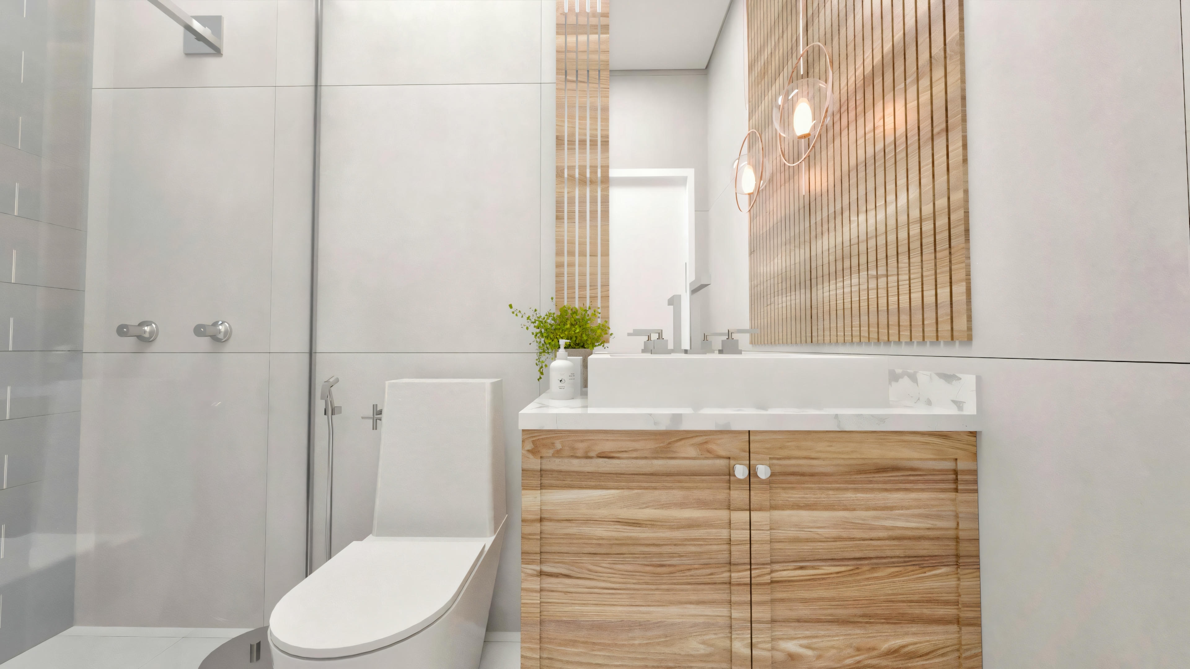 Baño moderno com inodoro blanco y tocador de madera com lavabo de encimera y espejo encima.